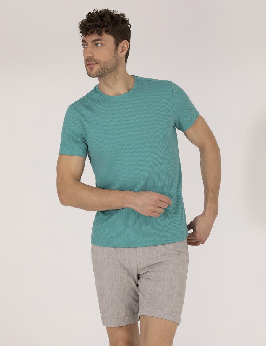 Yeşil Slim Fit Jakarlı Bisiklet Yaka Tişört