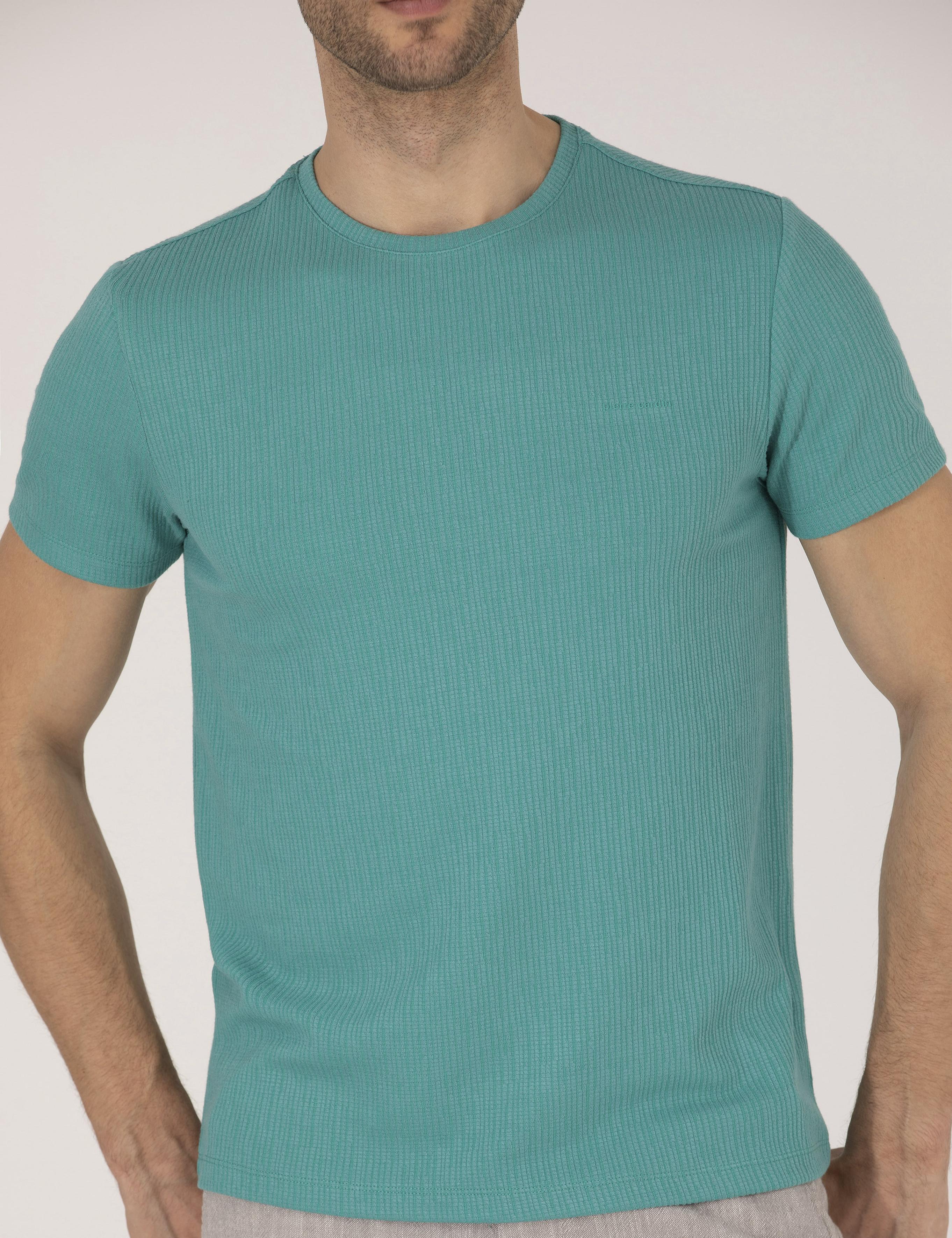 Yeşil Slim Fit Jakarlı Bisiklet Yaka Tişört