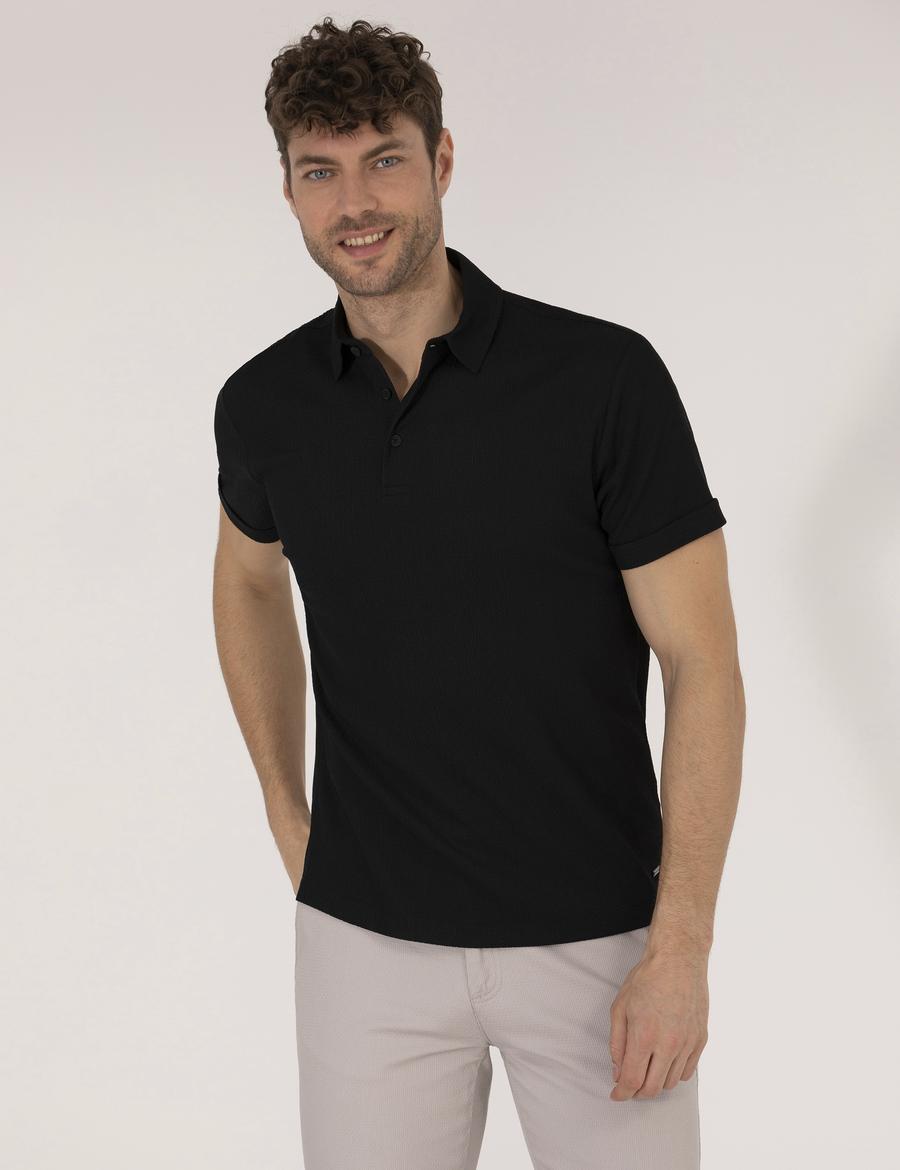 Siyah Slim Fit Dokulu Polo Yaka Tişört