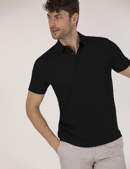 Siyah Slim Fit Dokulu Polo Yaka Tişört - 50267574023
