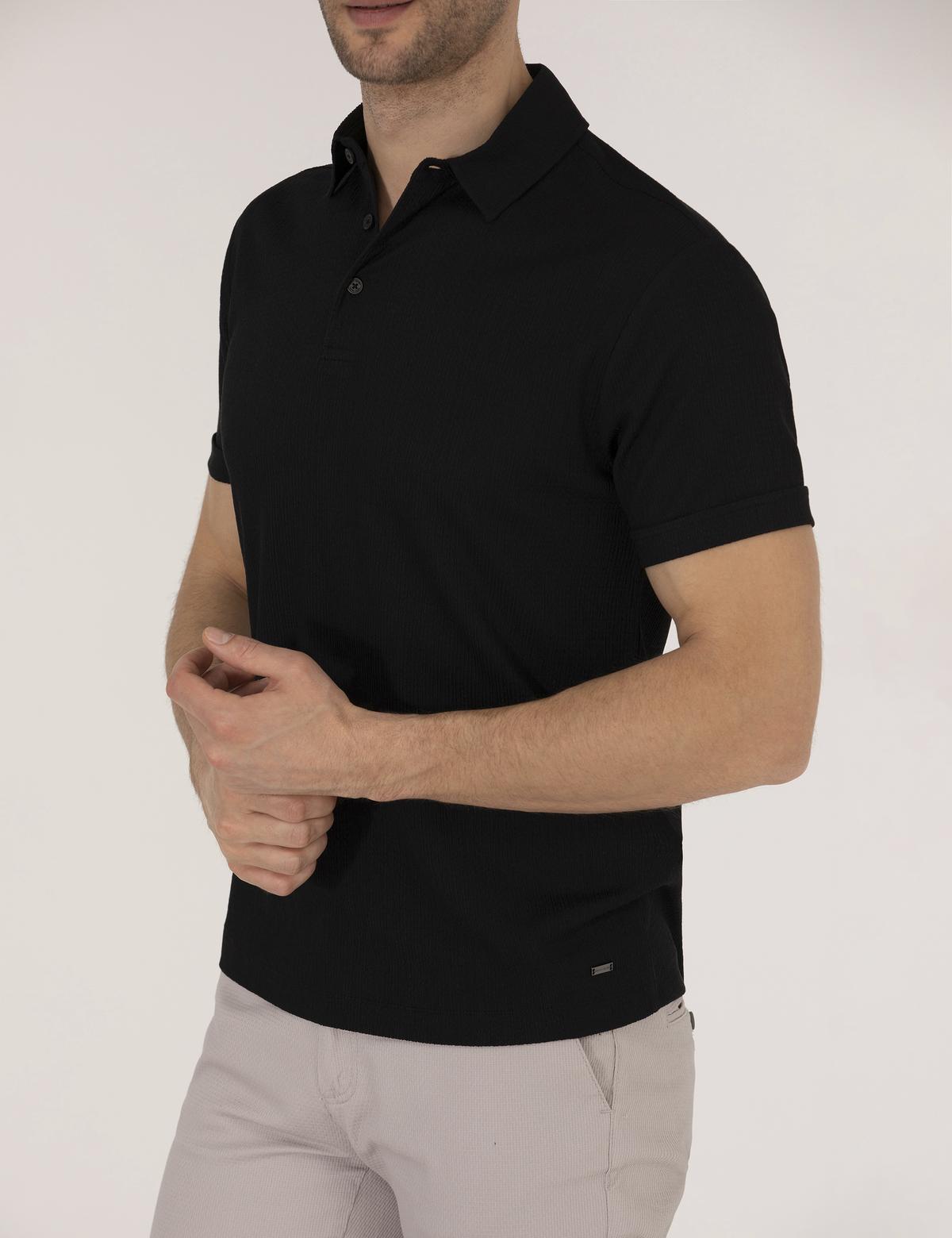 Siyah Slim Fit Dokulu Polo Yaka Tişört - 50267574023