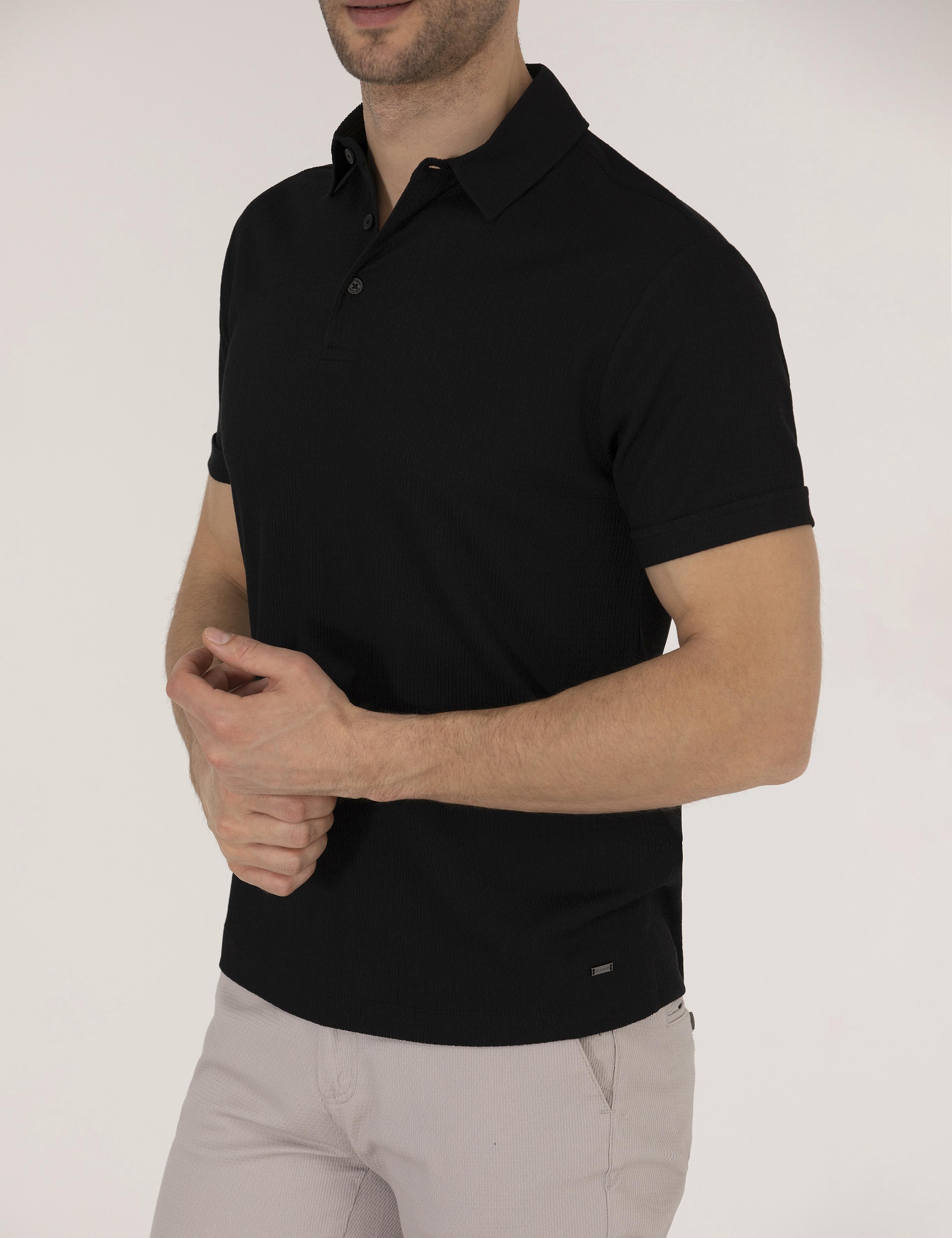 Siyah Slim Fit Dokulu Polo Yaka Tişört