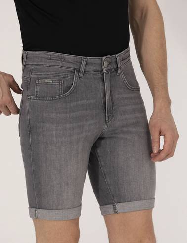 Gri Slim Fit Jean Şort