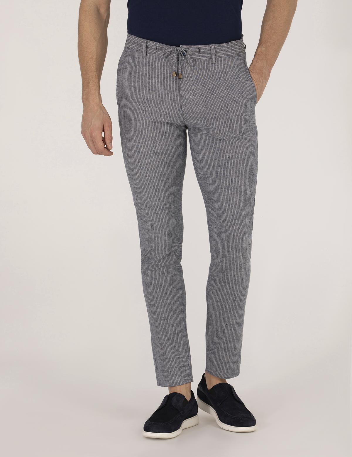 Açık Lacivert Slim Fit Keten Karışımlı Beli Lastikli Kanvas Pantolon - 50268042169