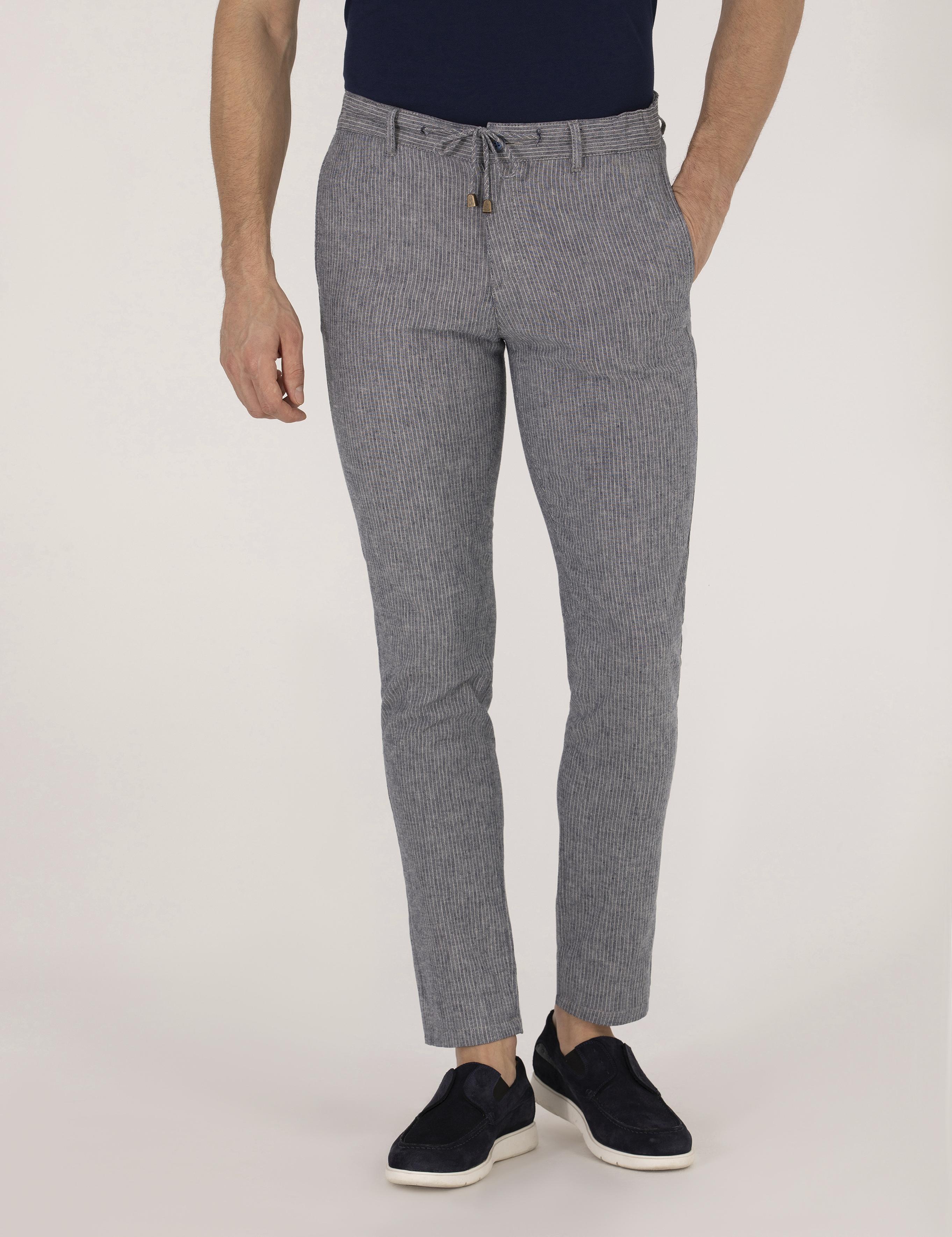 Açık Lacivert Slim Fit Keten Karışımlı Beli Lastikli Kanvas Pantolon