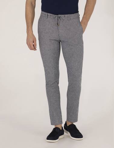 Açık Lacivert Slim Fit Keten Karışımlı Beli Lastikli Kanvas Pantolon