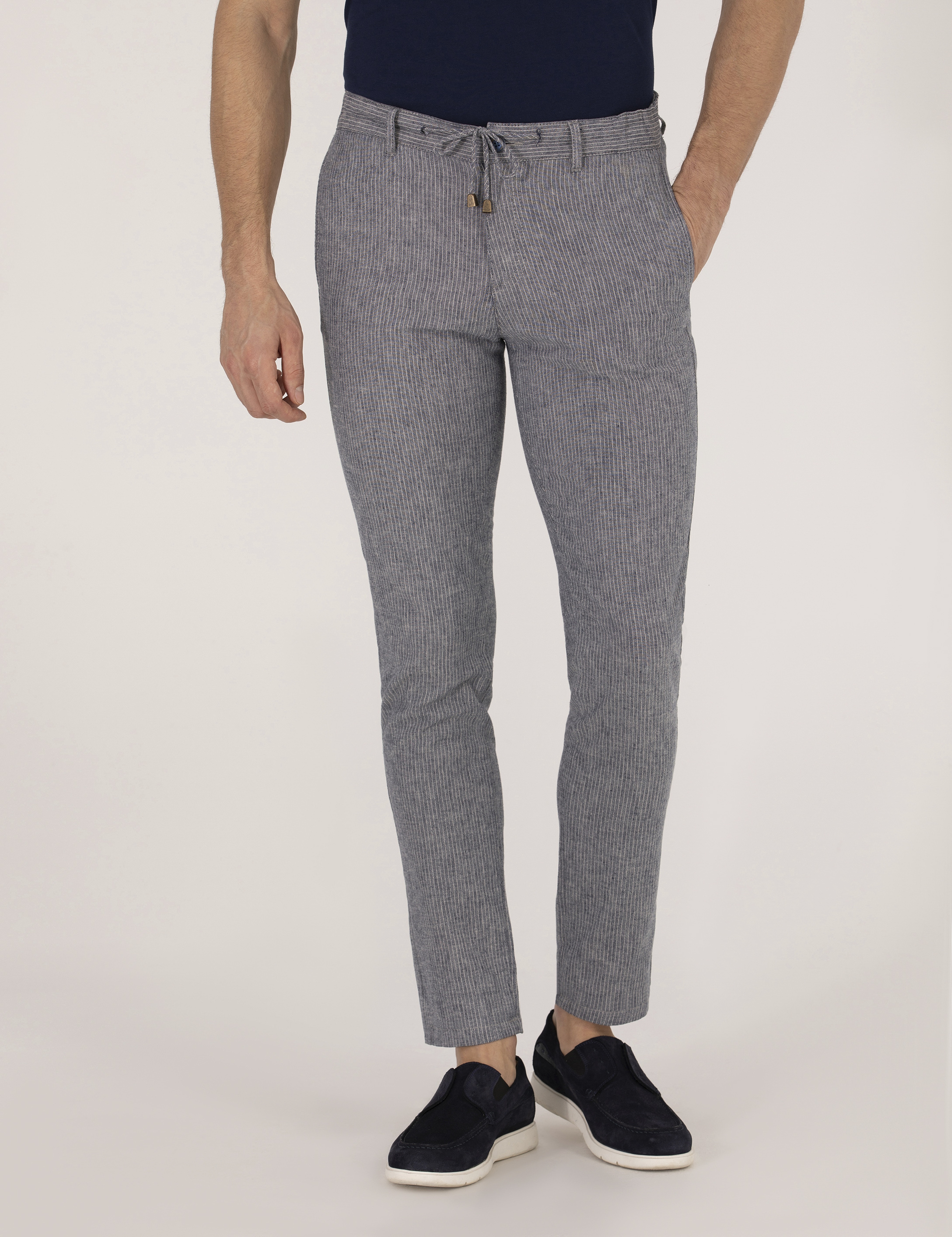 Açık Lacivert Slim Fit Keten Karışımlı Beli Lastikli Kanvas Pantolon - Image 4