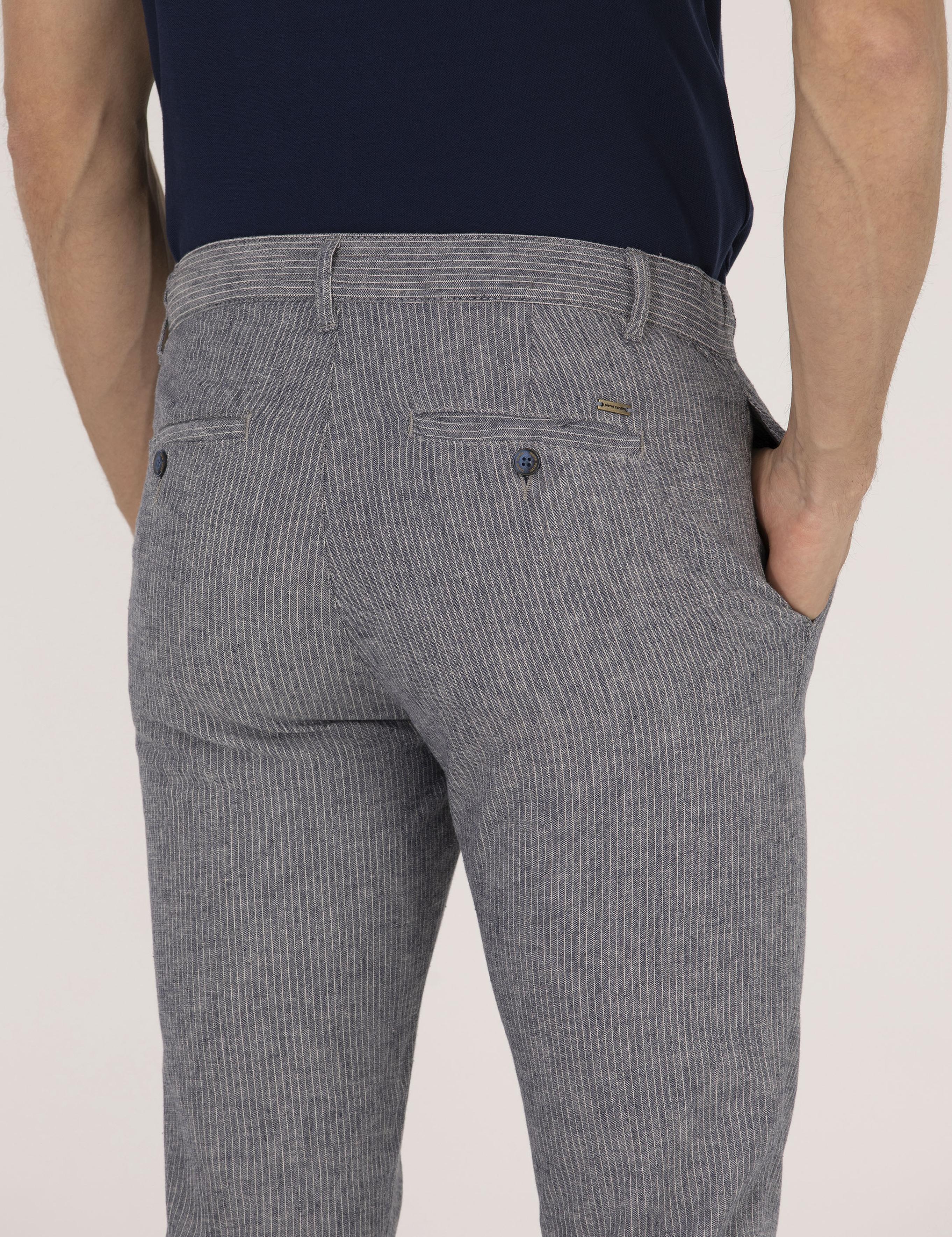 Açık Lacivert Slim Fit Keten Karışımlı Beli Lastikli Kanvas Pantolon