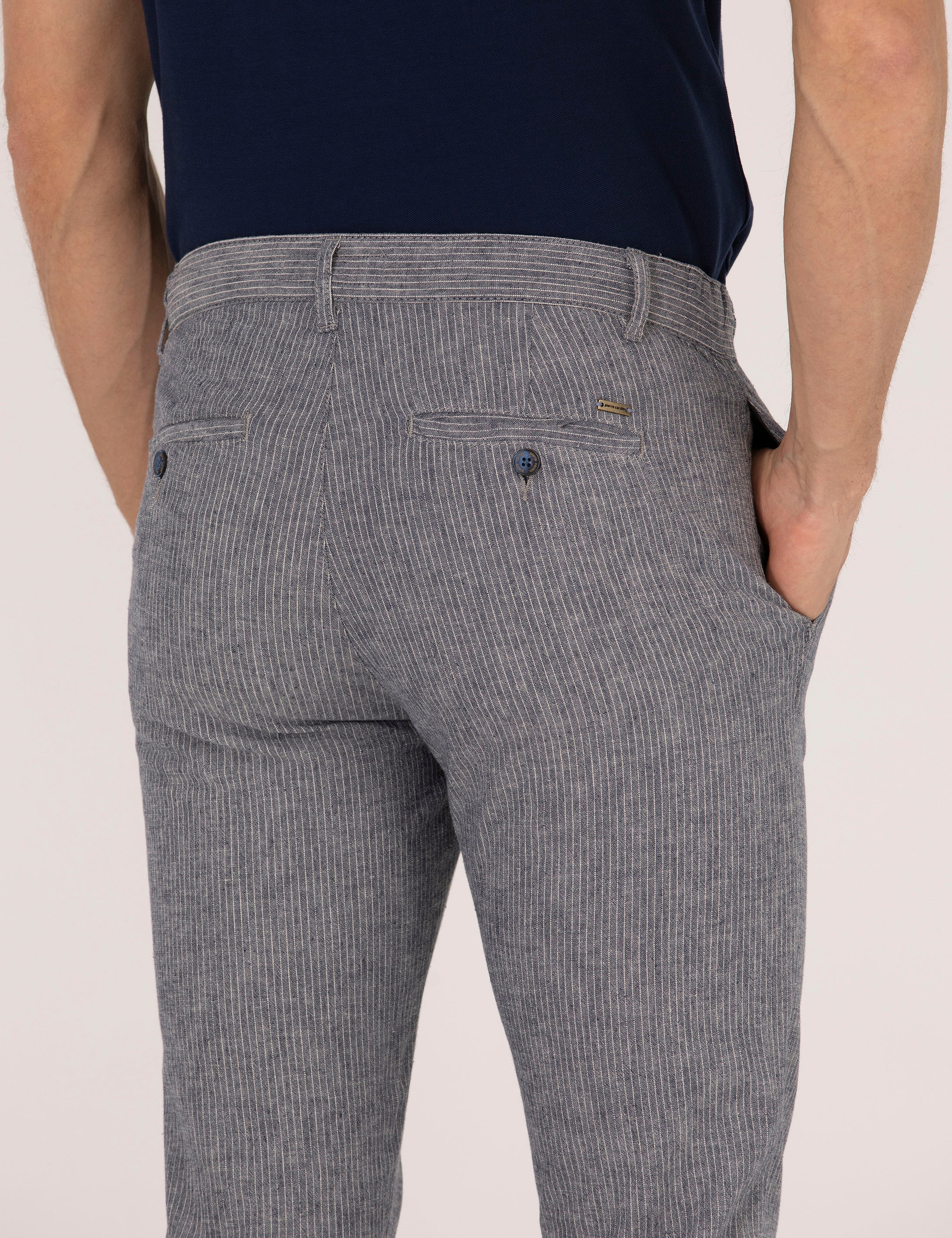 Açık Lacivert Slim Fit Keten Karışımlı Beli Lastikli Kanvas Pantolon - Image 3