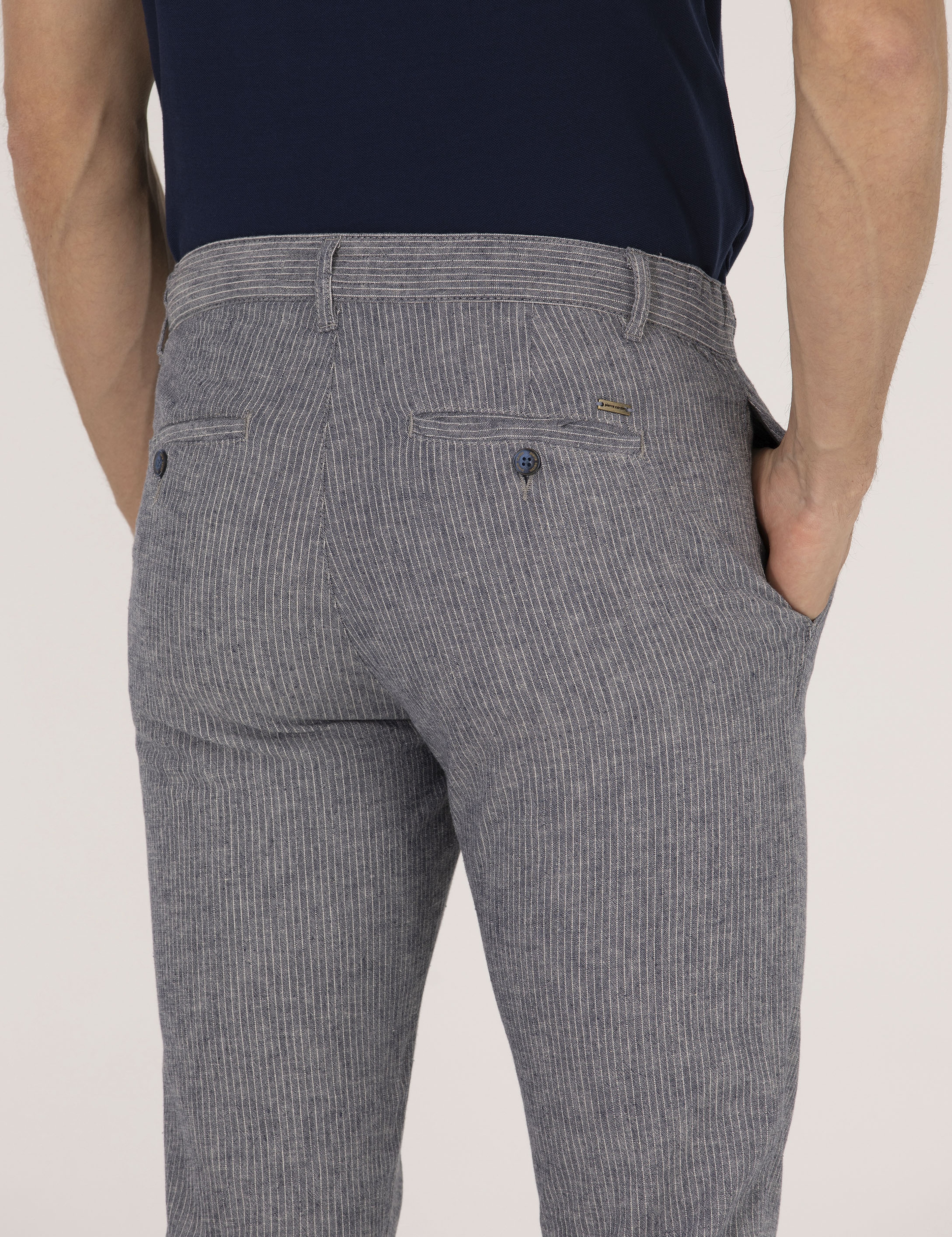 Açık Lacivert Slim Fit Keten Karışımlı Beli Lastikli Kanvas Pantolon