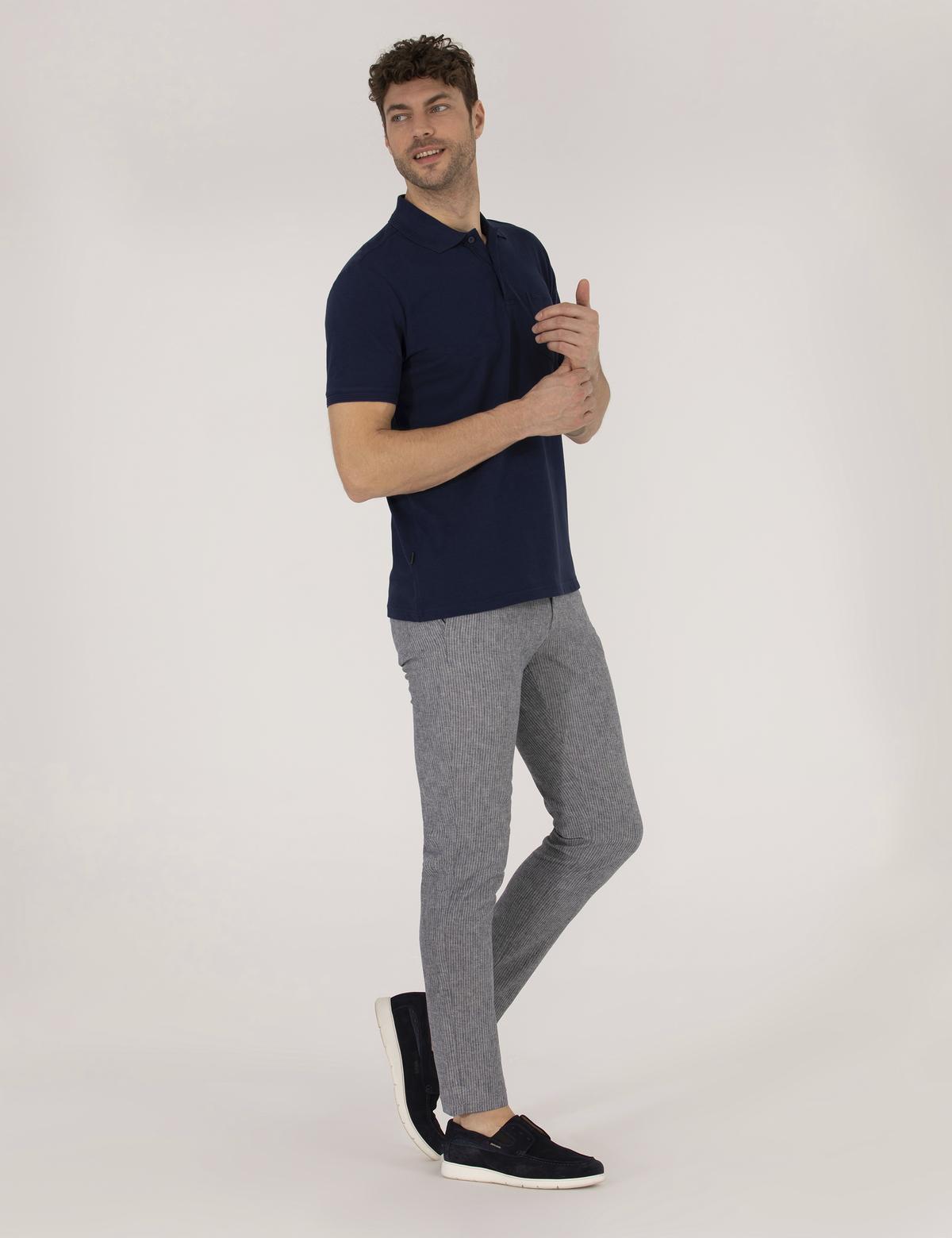 Açık Lacivert Slim Fit Keten Karışımlı Beli Lastikli Kanvas Pantolon - 50268042169