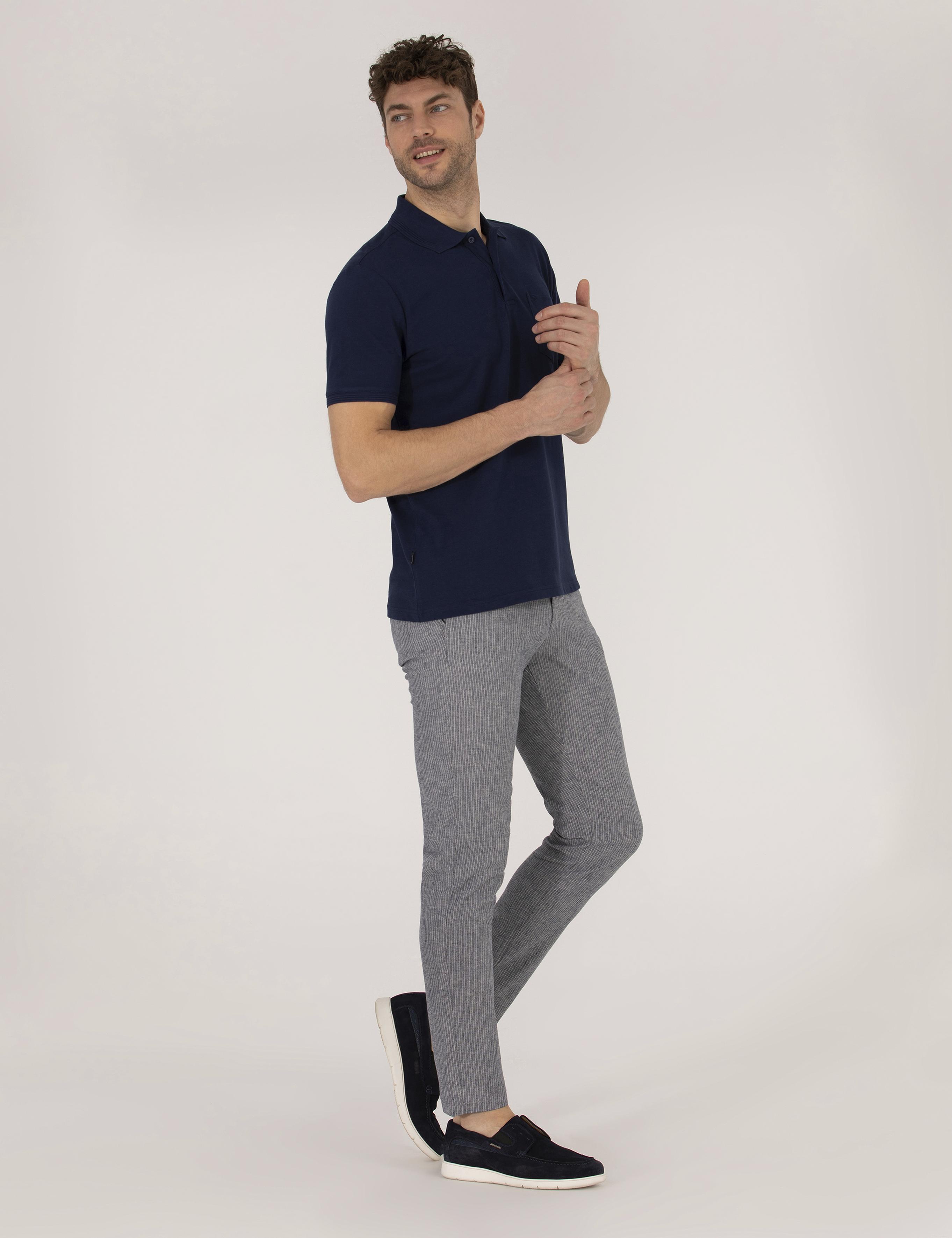 Açık Lacivert Slim Fit Keten Karışımlı Beli Lastikli Kanvas Pantolon