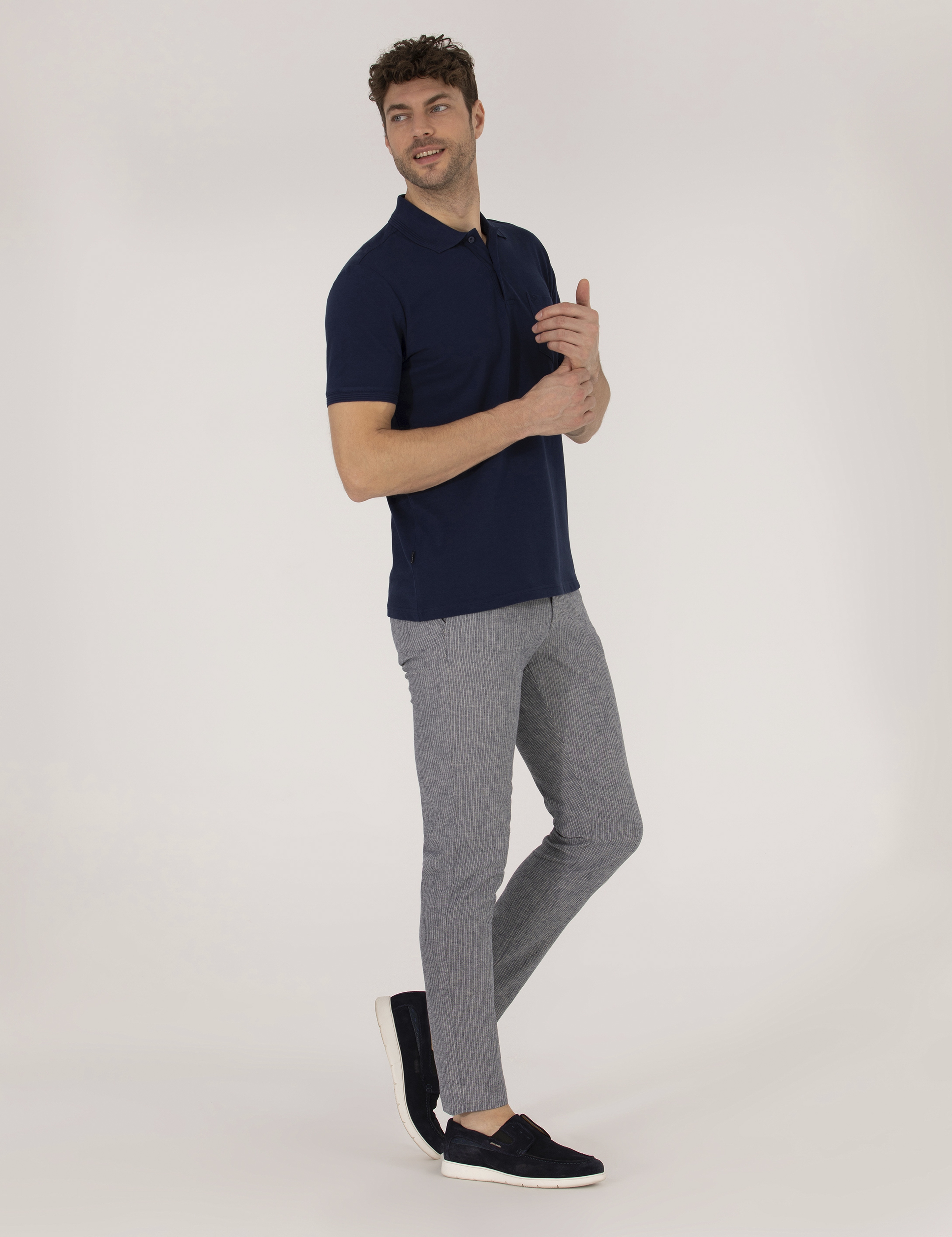 Açık Lacivert Slim Fit Keten Karışımlı Beli Lastikli Kanvas Pantolon - Image 5