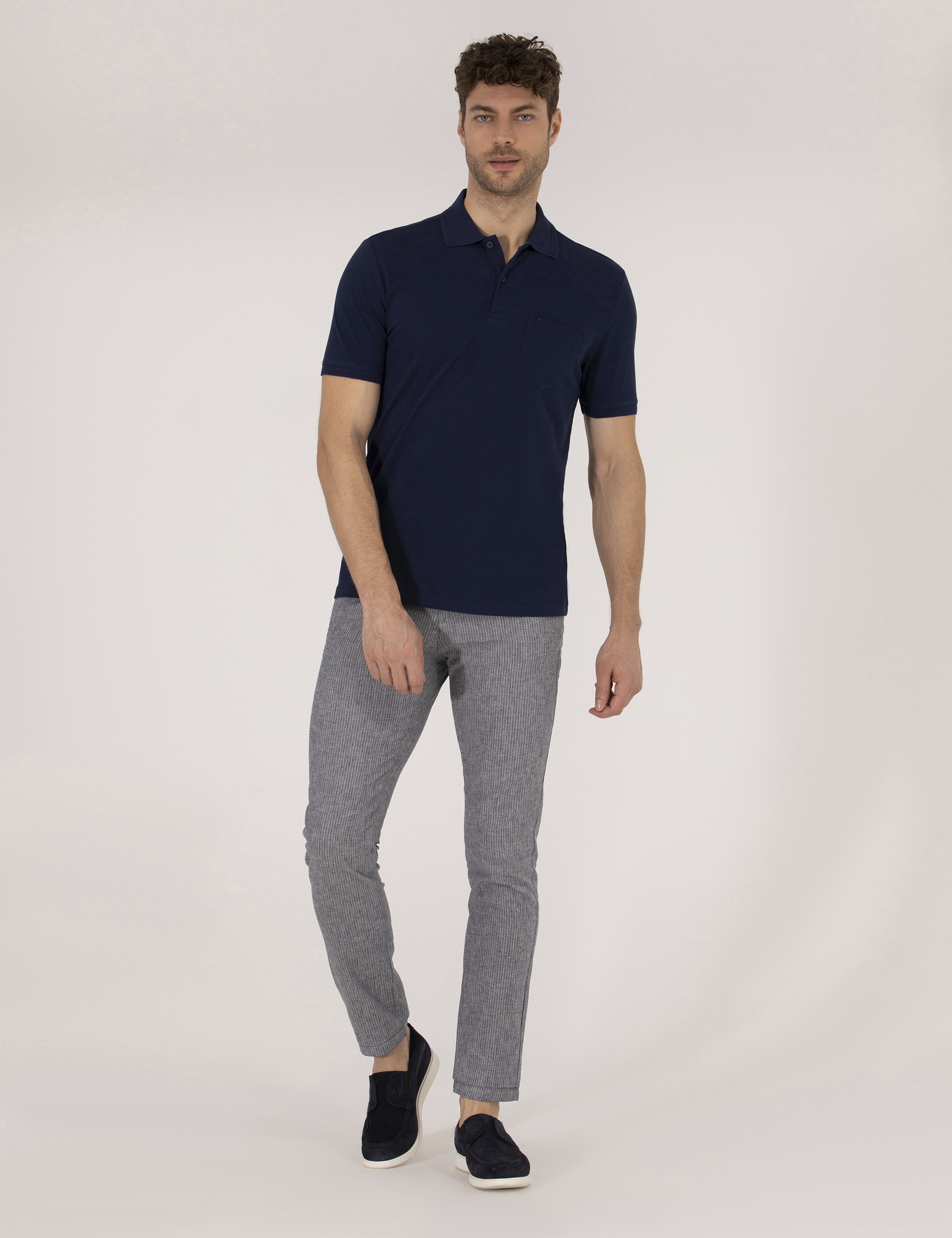 Açık Lacivert Slim Fit Keten Karışımlı Beli Lastikli Kanvas Pantolon - Image 1