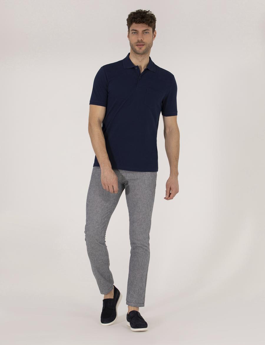 Açık Lacivert Slim Fit Keten Karışımlı Beli Lastikli Kanvas Pantolon