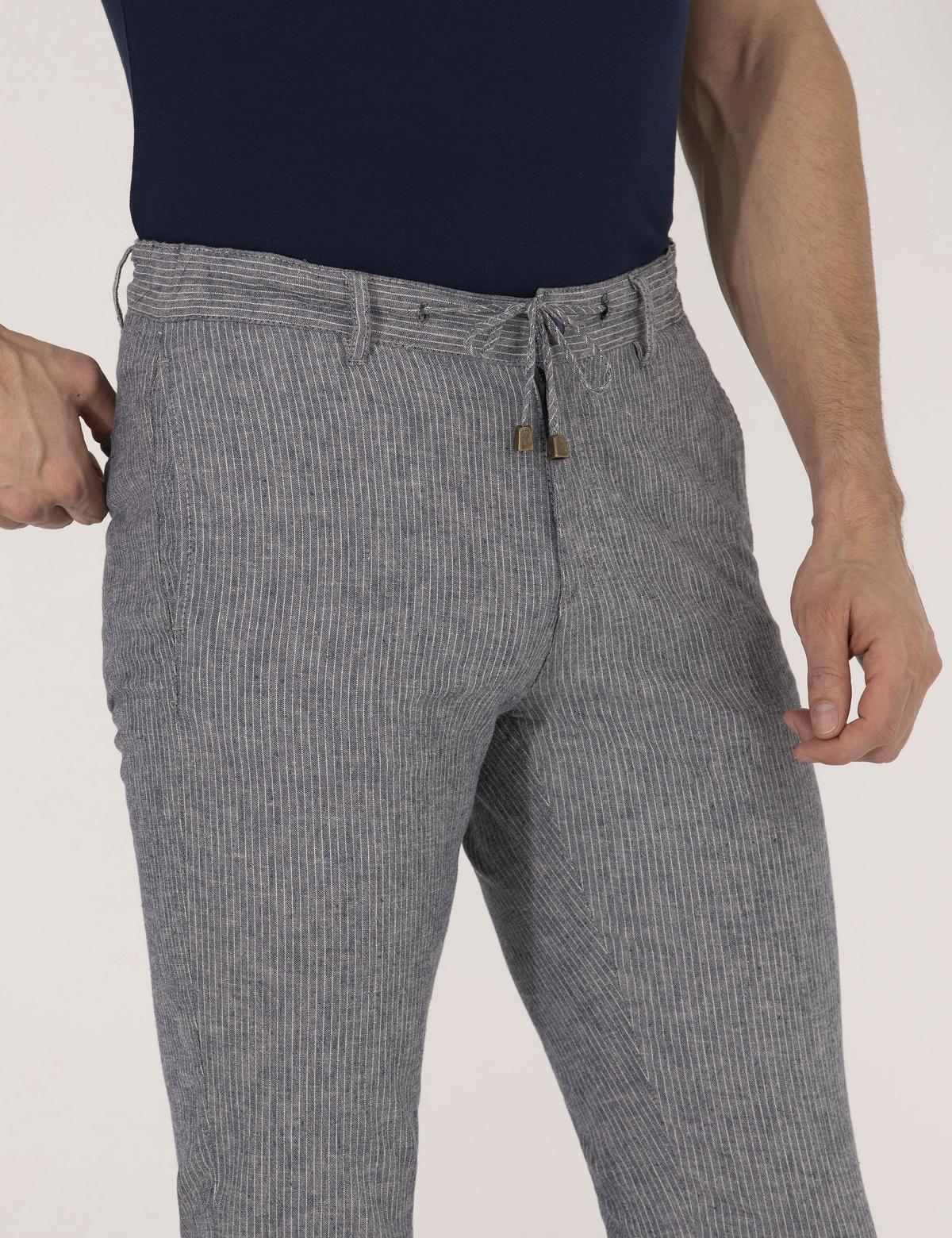 Açık Lacivert Slim Fit Keten Karışımlı Beli Lastikli Kanvas Pantolon - 50268042169