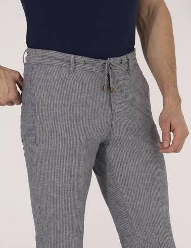 Açık Lacivert Slim Fit Keten Karışımlı Beli Lastikli Kanvas Pantolon