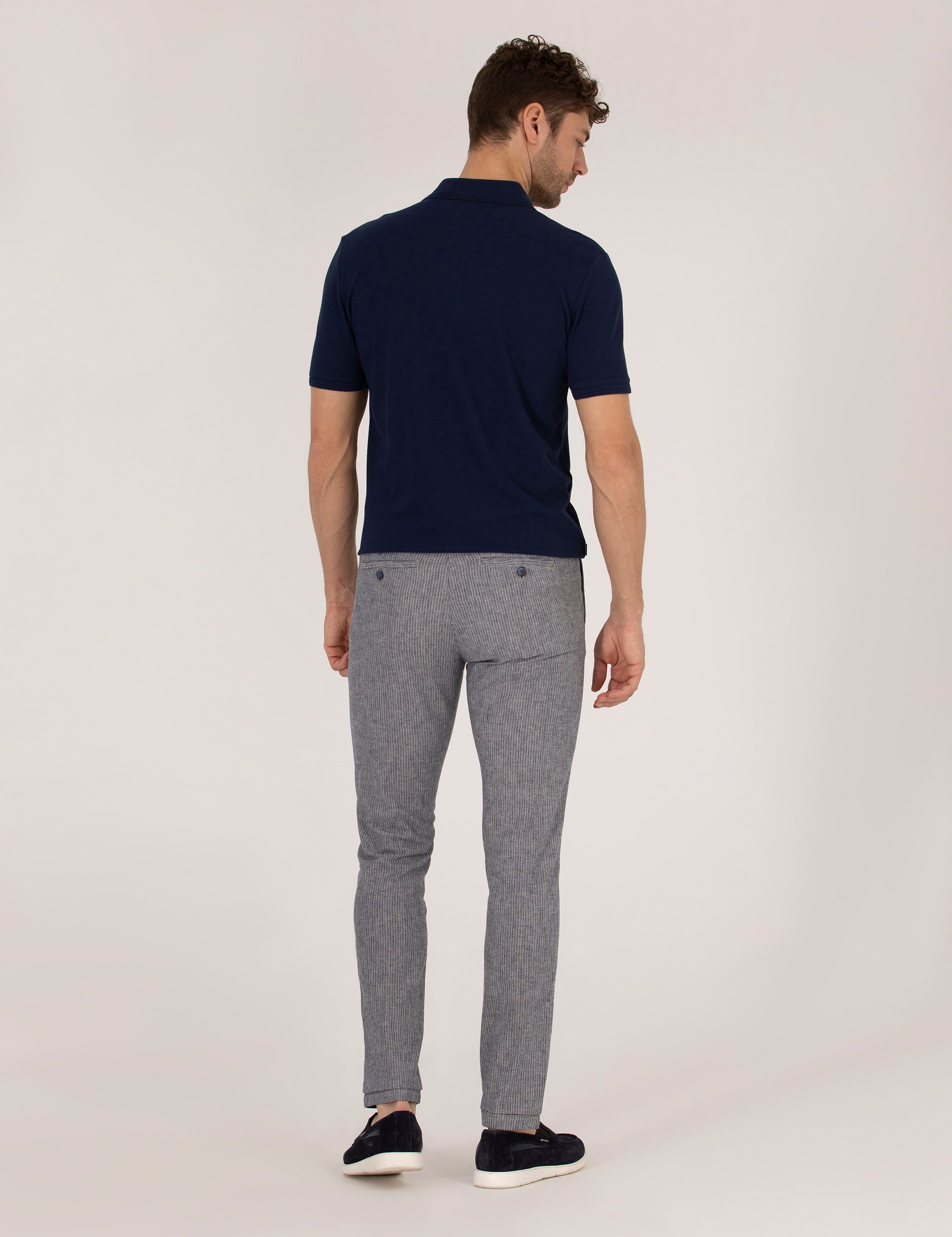 Açık Lacivert Slim Fit Keten Karışımlı Beli Lastikli Kanvas Pantolon - Image 6