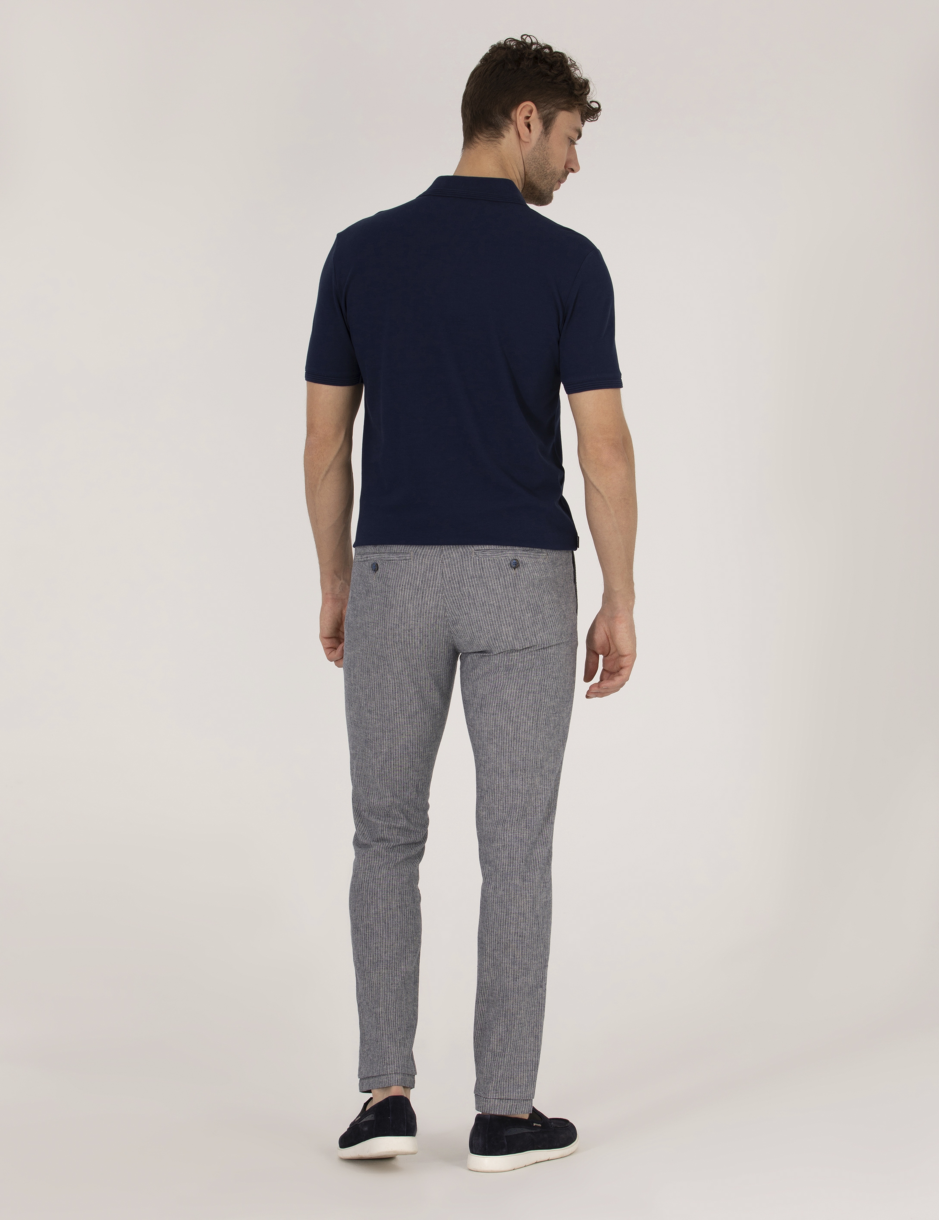 Açık Lacivert Slim Fit Keten Karışımlı Beli Lastikli Kanvas Pantolon