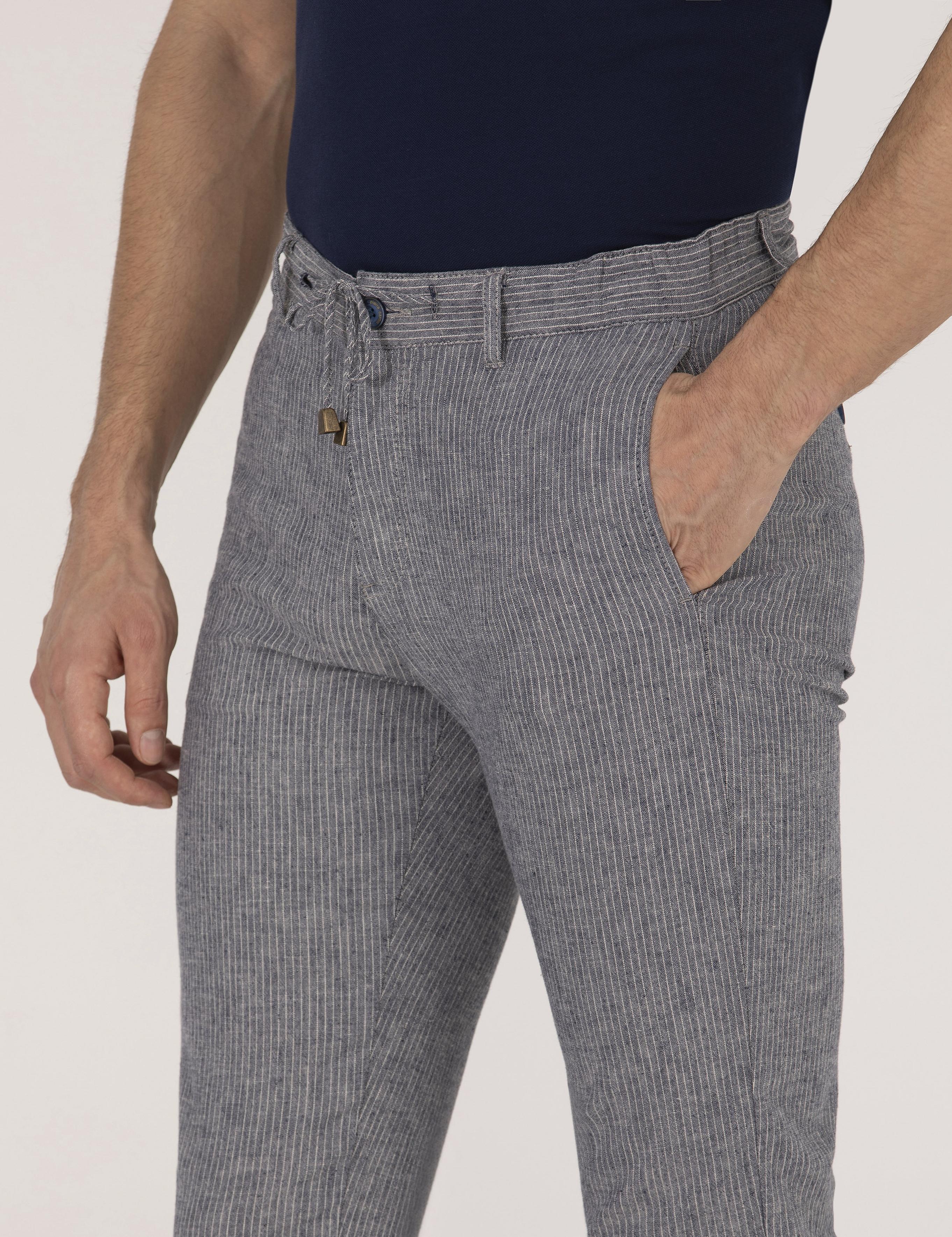 Açık Lacivert Slim Fit Keten Karışımlı Beli Lastikli Kanvas Pantolon