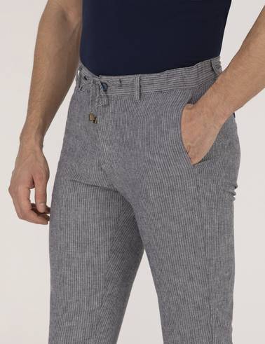 Açık Lacivert Slim Fit Keten Karışımlı Beli Lastikli Kanvas Pantolon