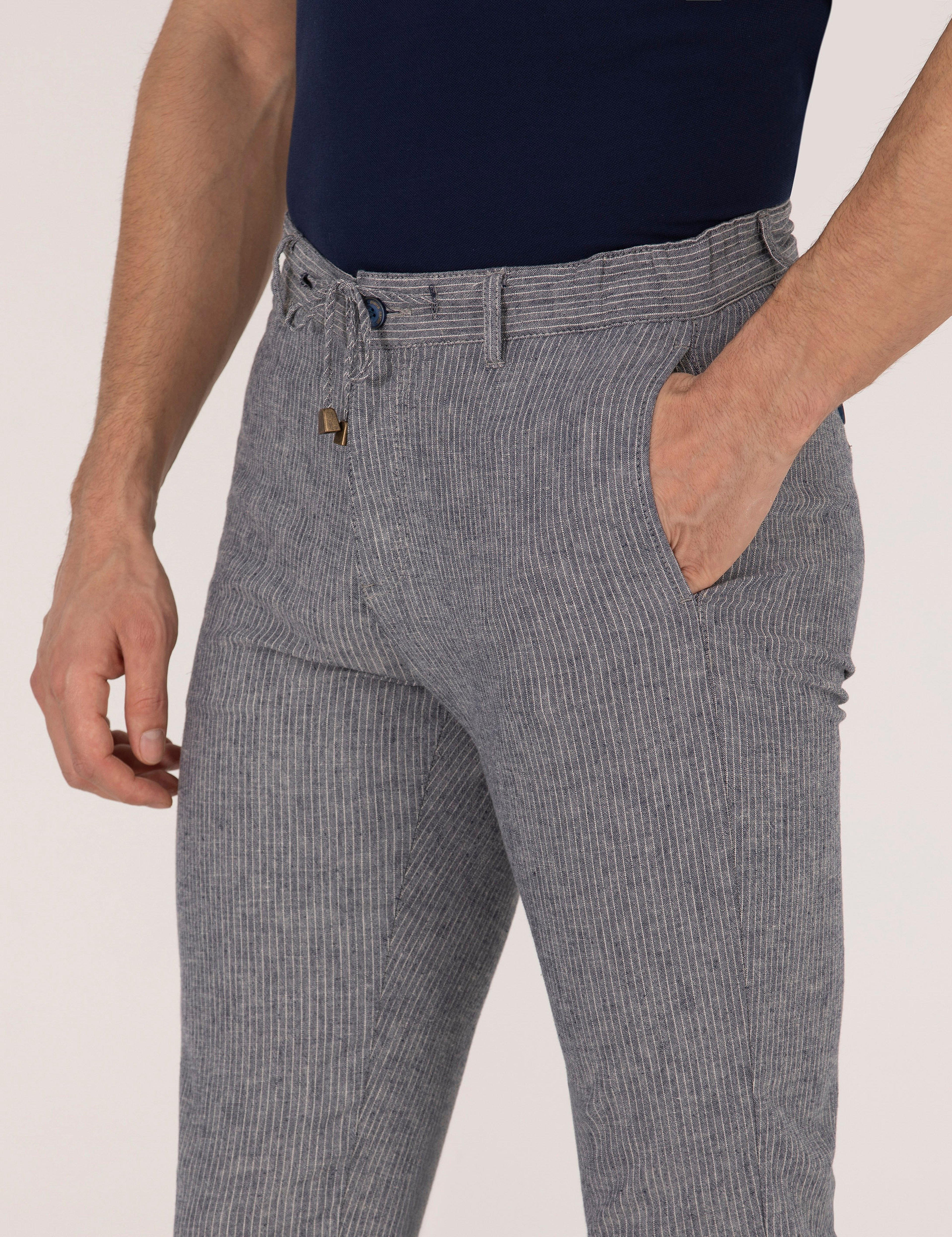 Açık Lacivert Slim Fit Keten Karışımlı Beli Lastikli Kanvas Pantolon