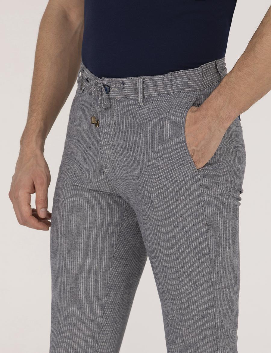 Açık Lacivert Slim Fit Keten Karışımlı Beli Lastikli Kanvas Pantolon