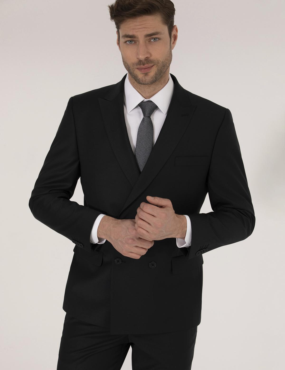 Siyah Ex. Slim Fit Kruvaze Takım Elbise - 50269248011