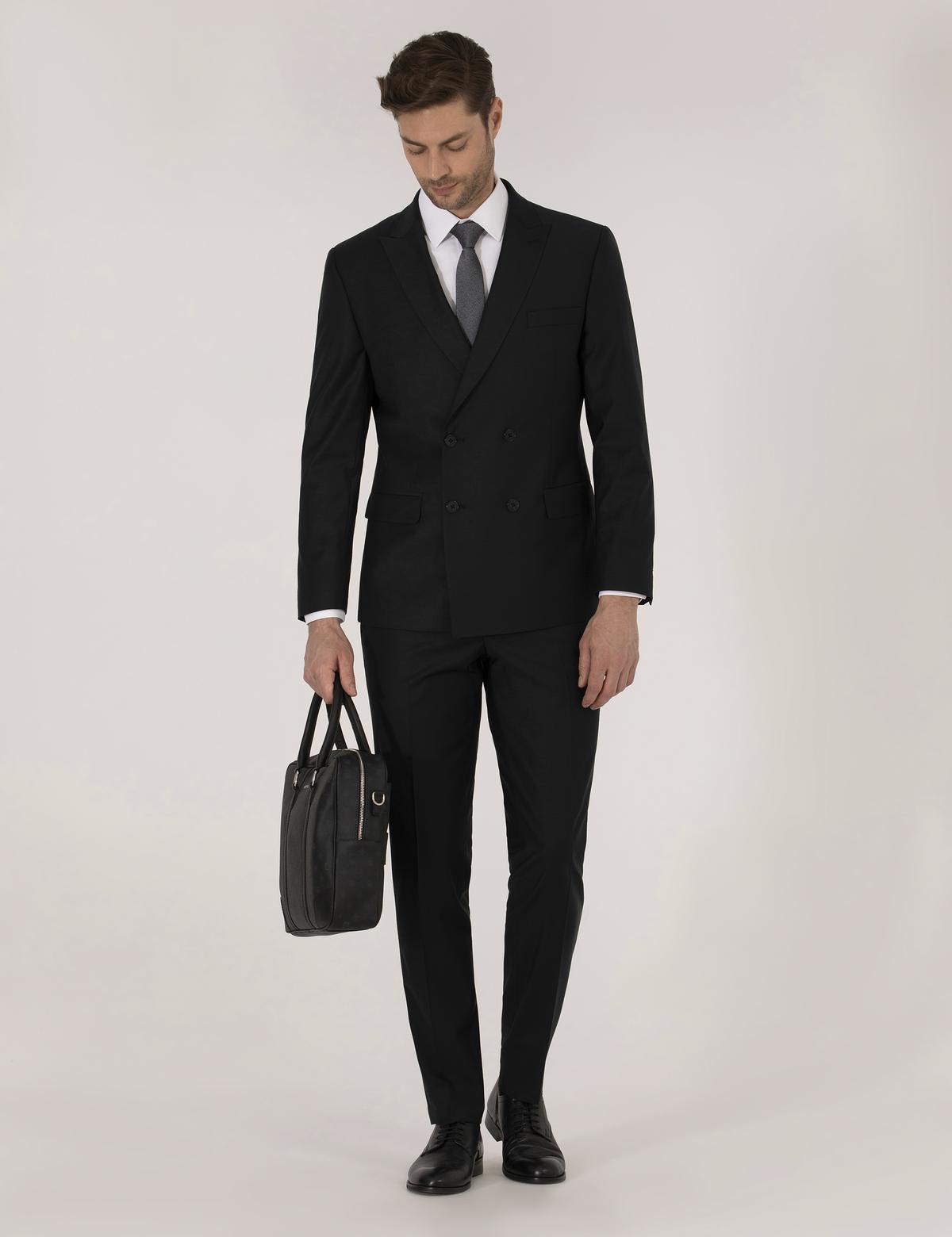 Siyah Ex. Slim Fit Kruvaze Takım Elbise