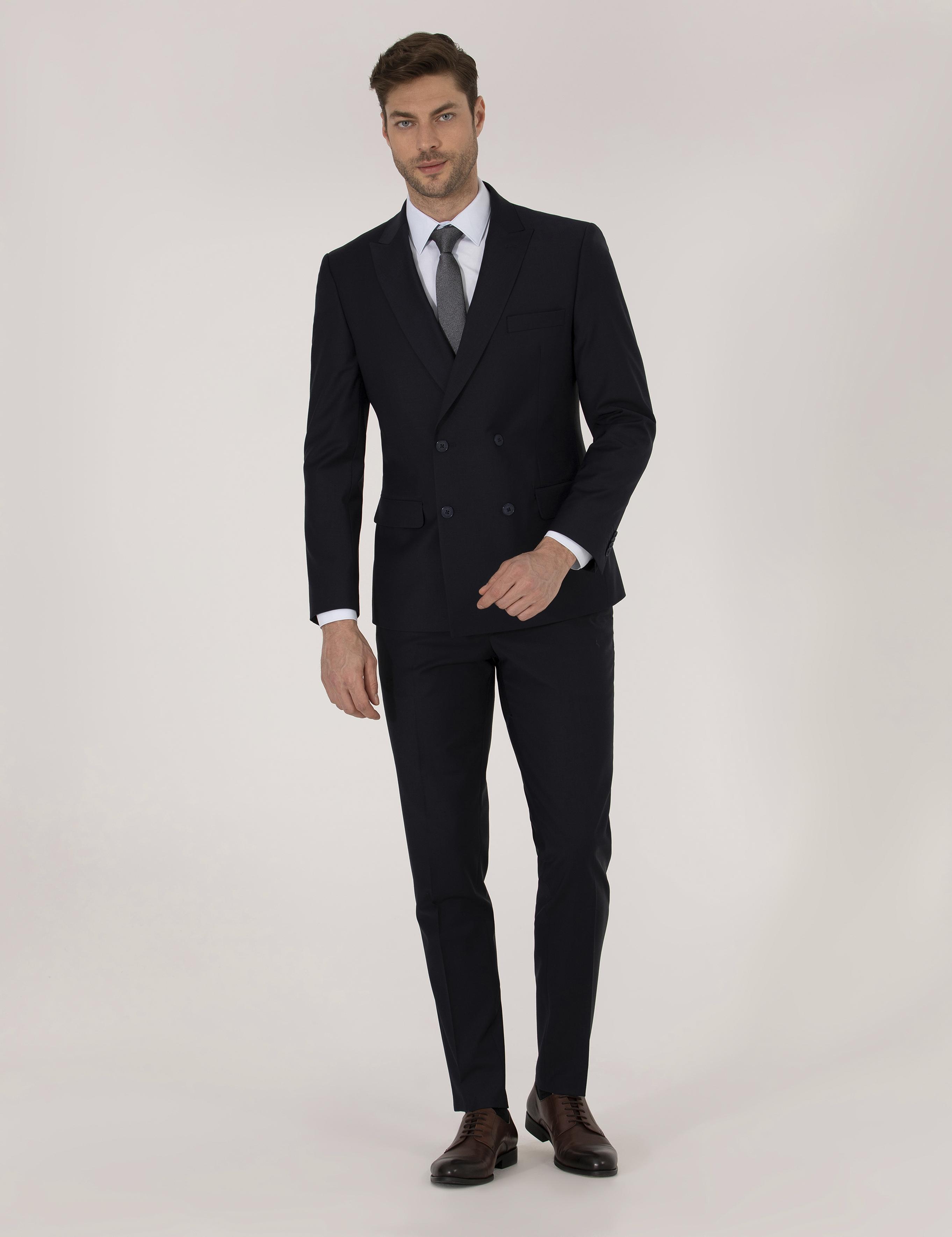 Lacivert Ex. Slim Fit Kruvaze Takım Elbise