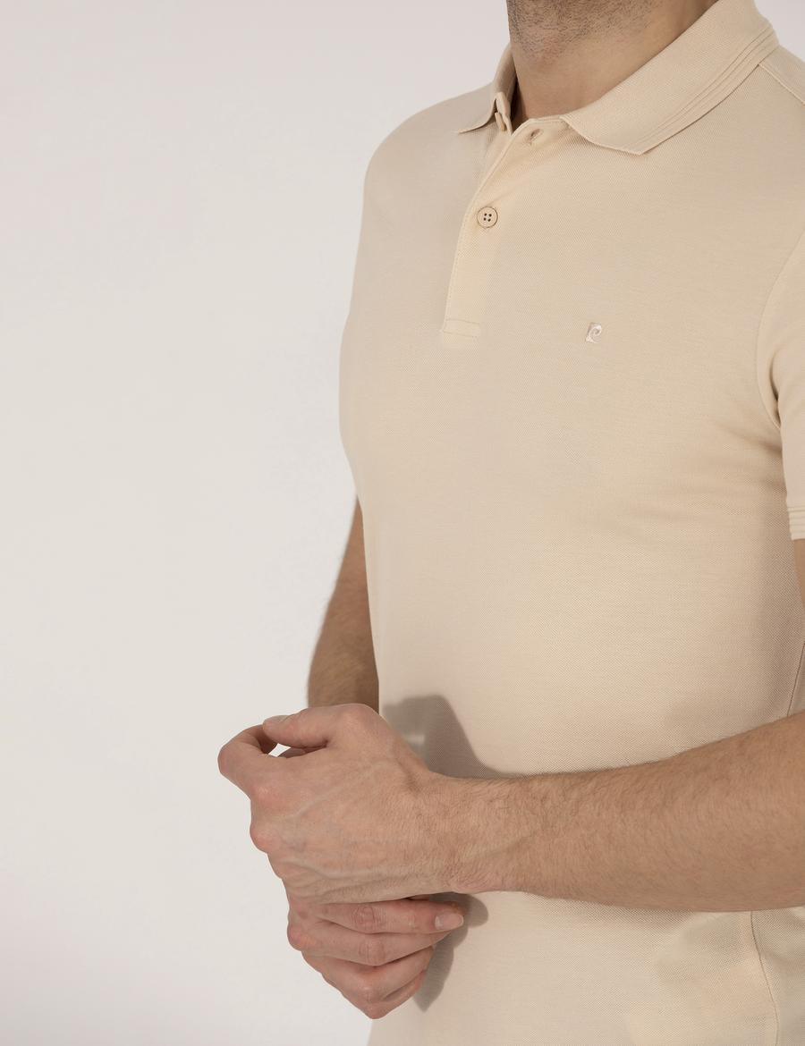 Bej Slim Fit %100 Pamuk Polo Yaka Basic Tişört