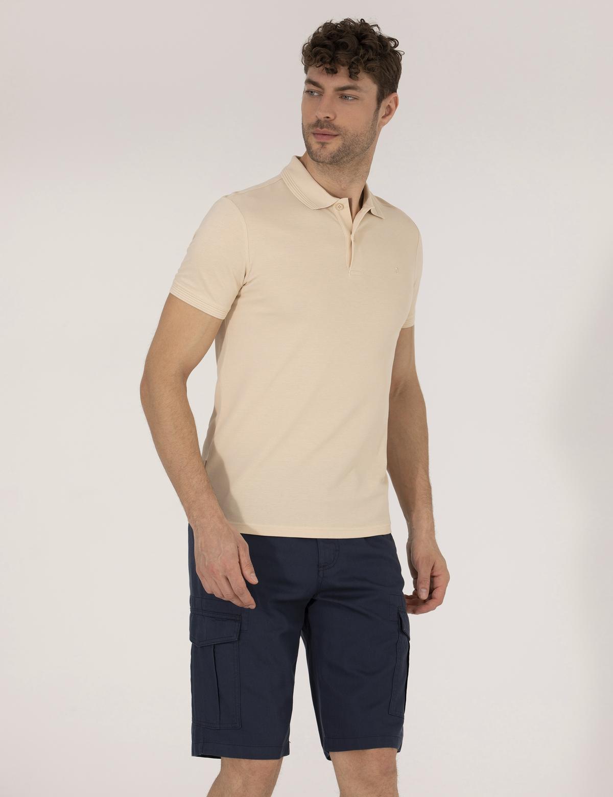 Bej Slim Fit Polo Yaka Basic Tişört