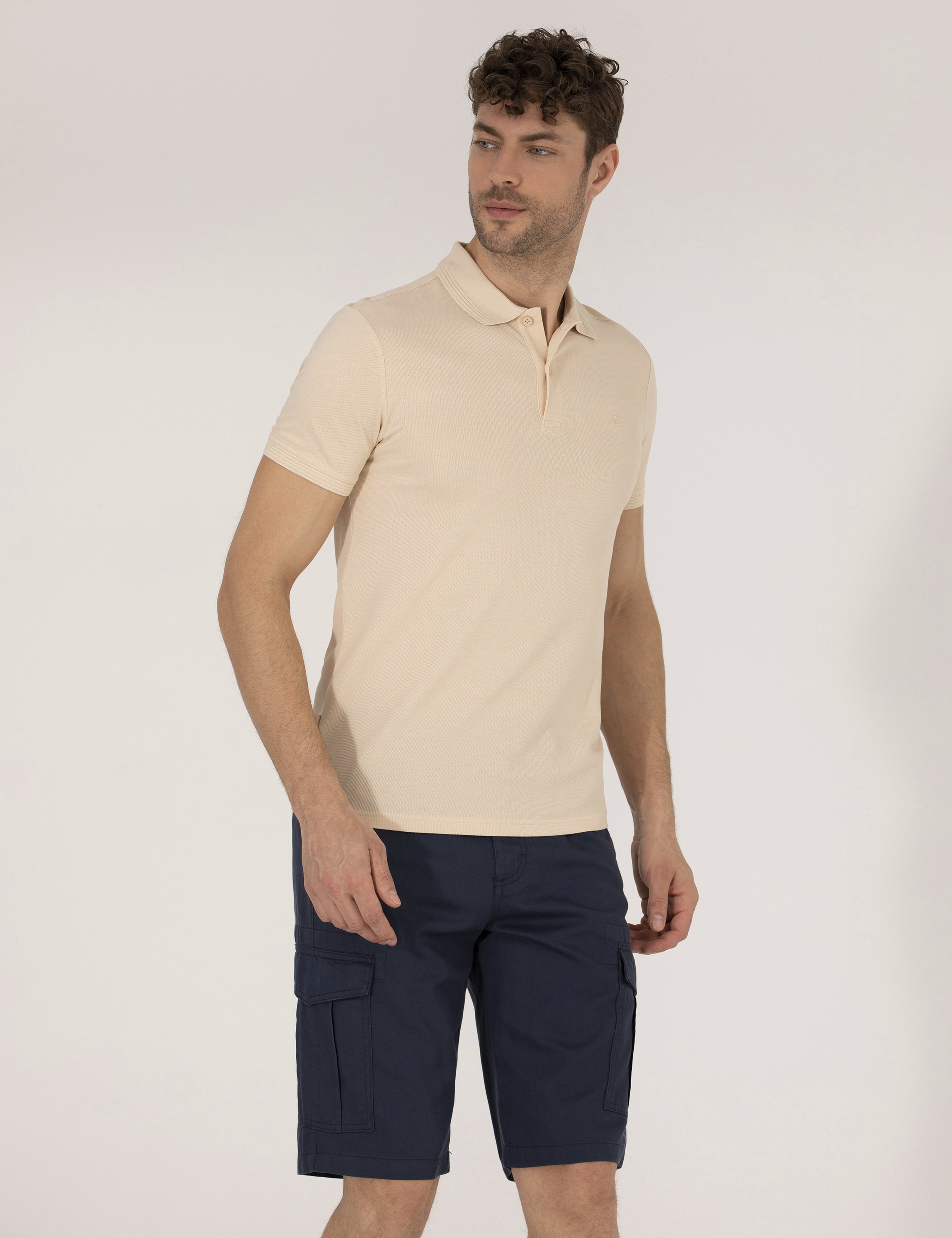 Bej Slim Fit %100 Pamuk Polo Yaka Basic Tişört - Image 1