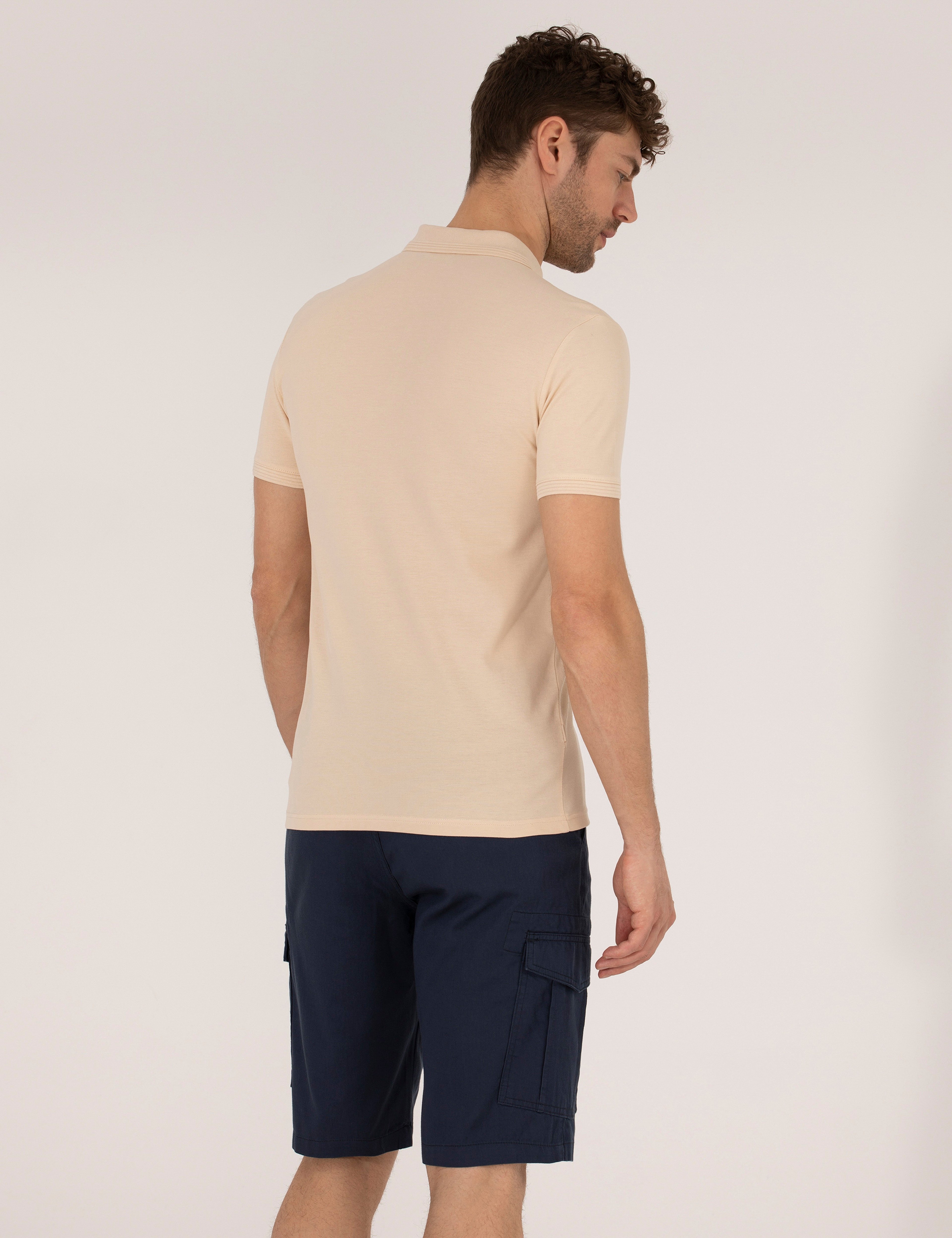 Bej Slim Fit %100 Pamuk Polo Yaka Basic Tişört - Image 5