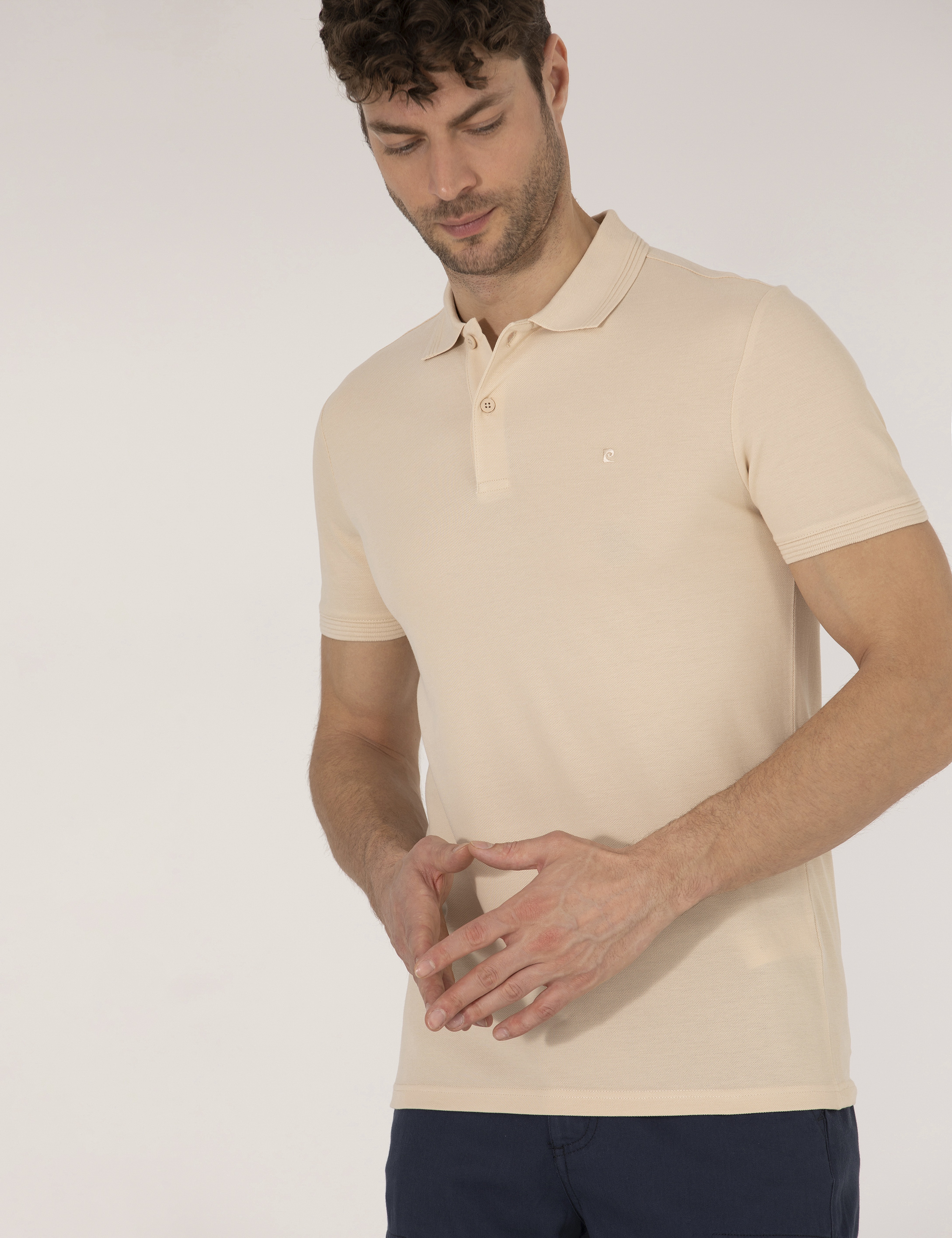 Bej Slim Fit %100 Pamuk Polo Yaka Basic Tişört
