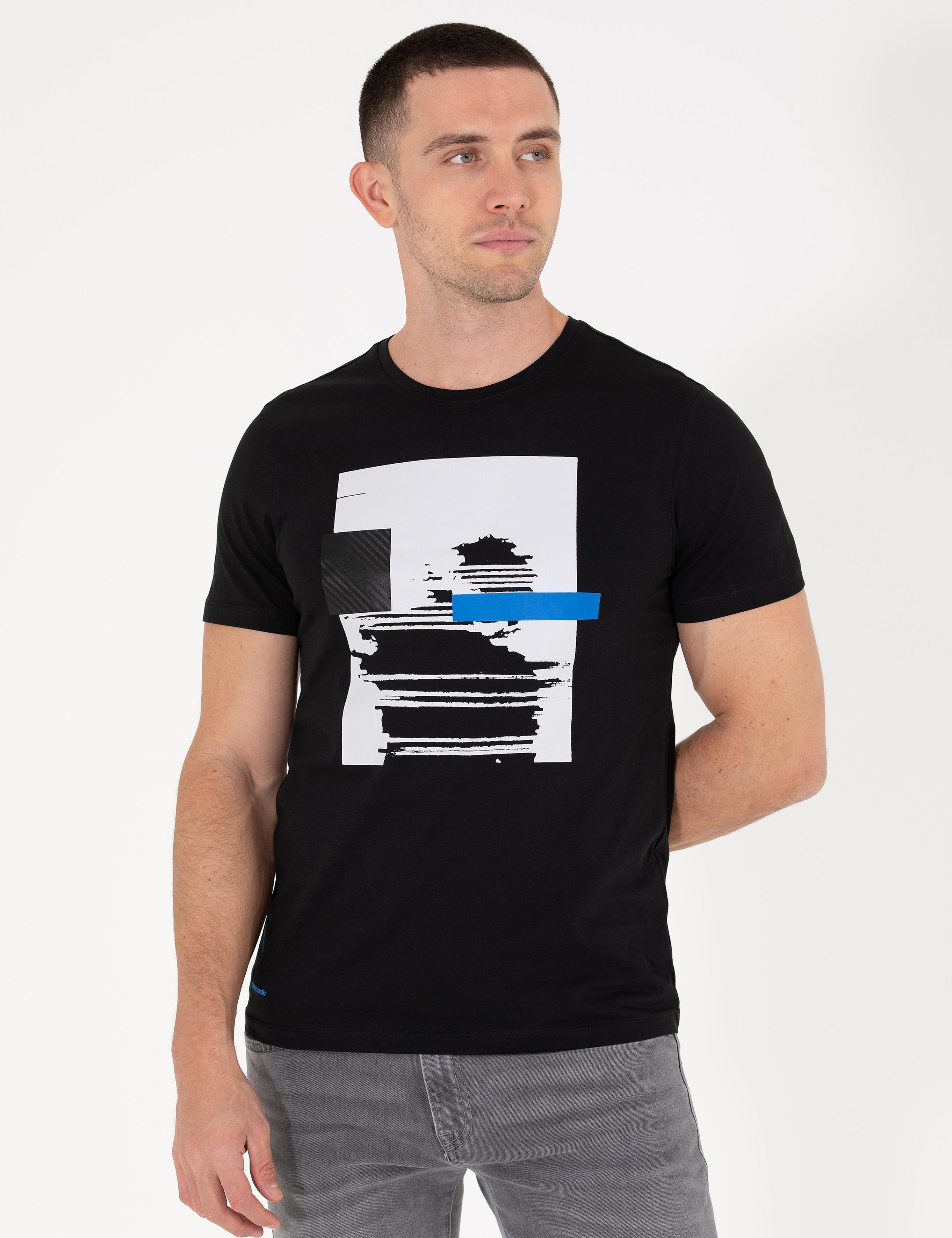 Siyah Slim Fit Baskılı Bisiklet Yaka Tişört