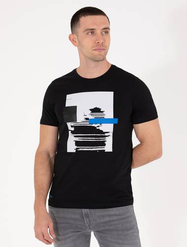 Siyah Slim Fit Baskılı Bisiklet Yaka Tişört