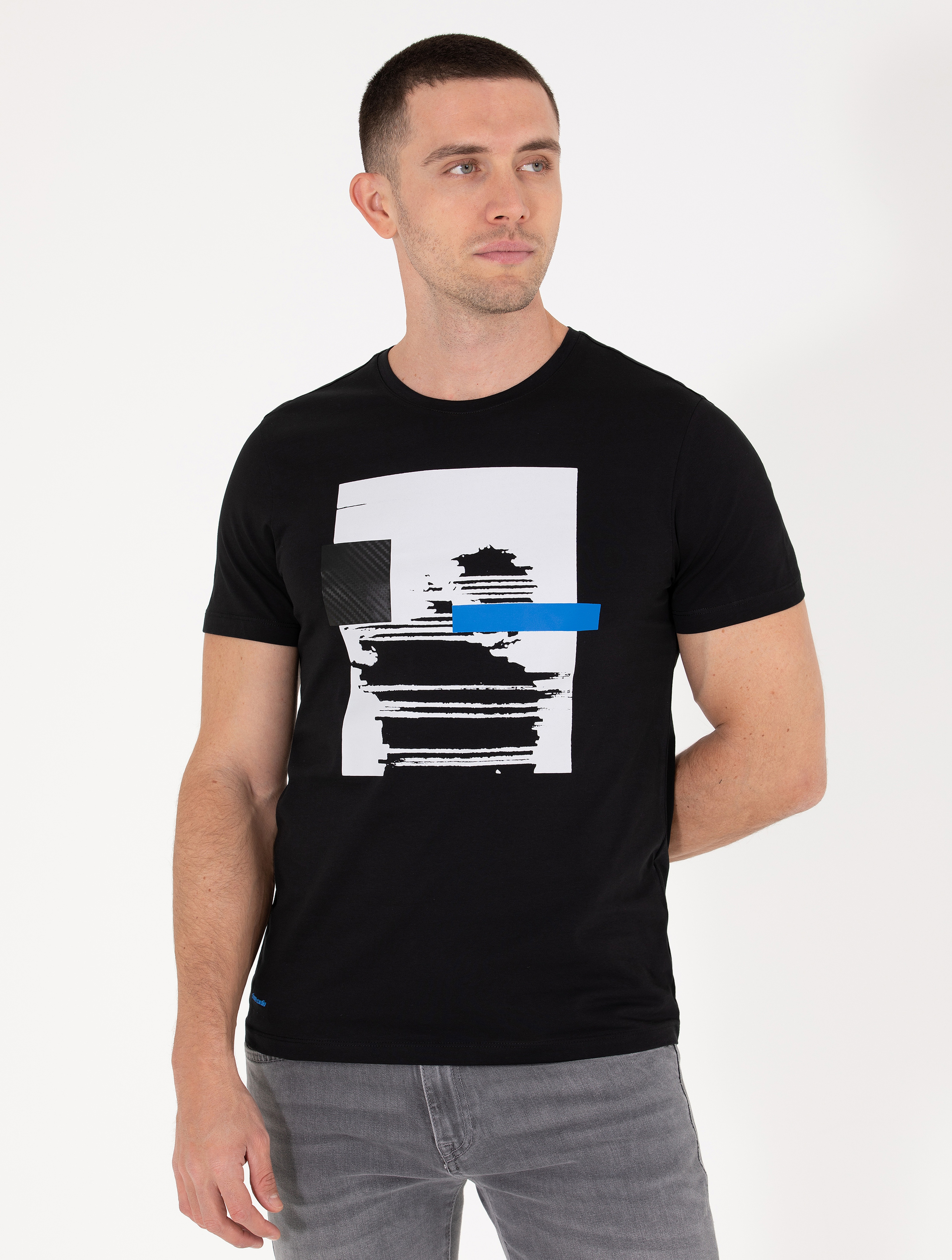 Siyah Slim Fit Baskılı Bisiklet Yaka Tişört - Image 3