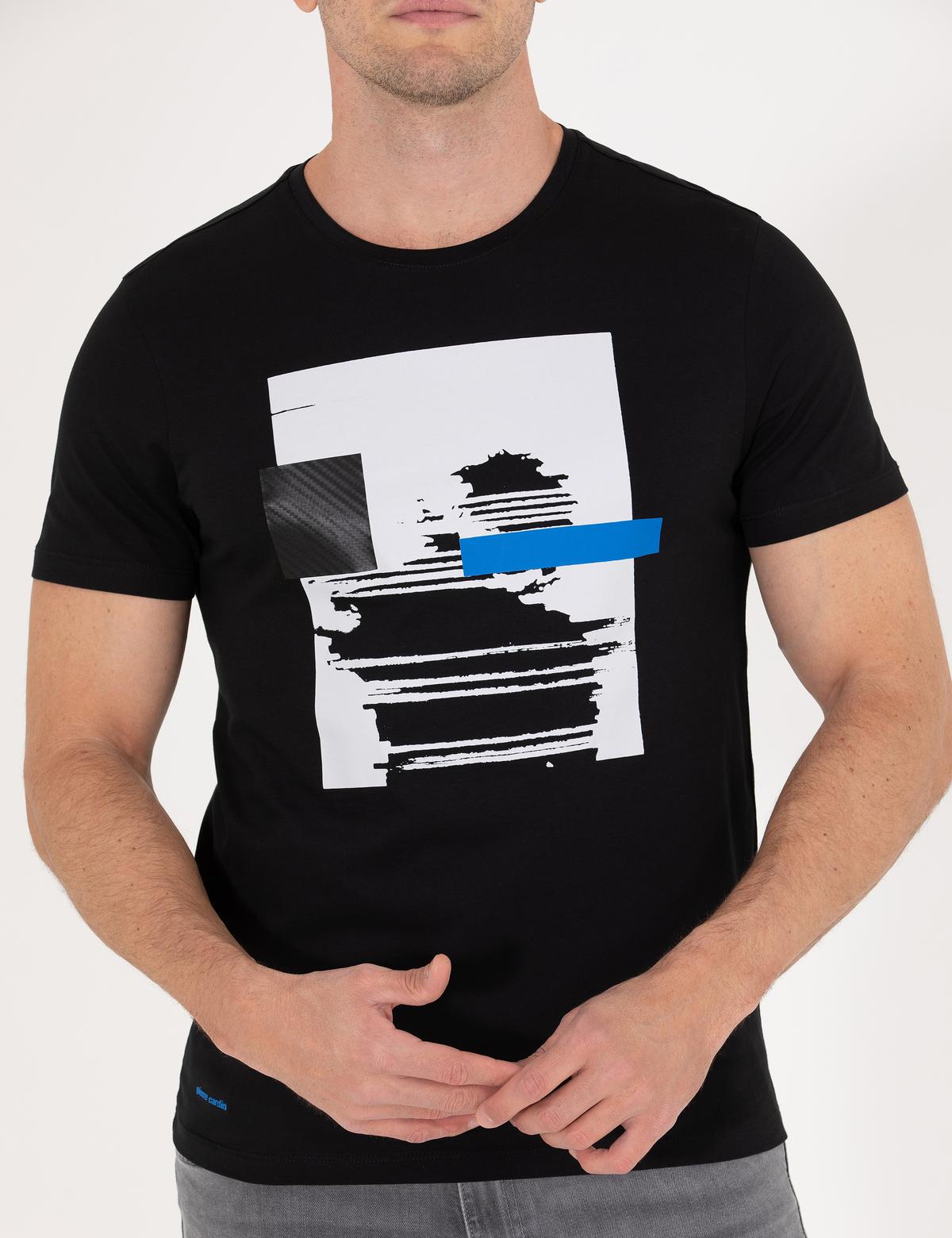 Siyah Slim Fit Baskılı Bisiklet Yaka Tişört - 50262620066