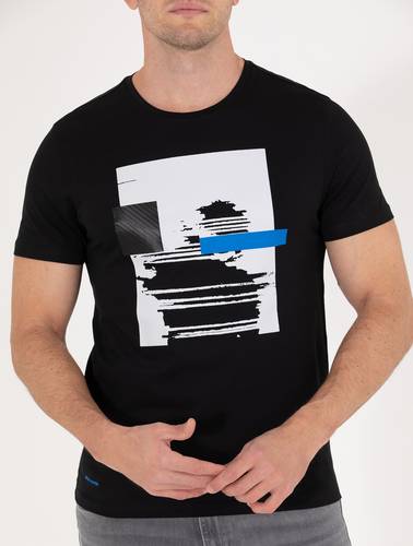 Siyah Slim Fit Baskılı Bisiklet Yaka Tişört
