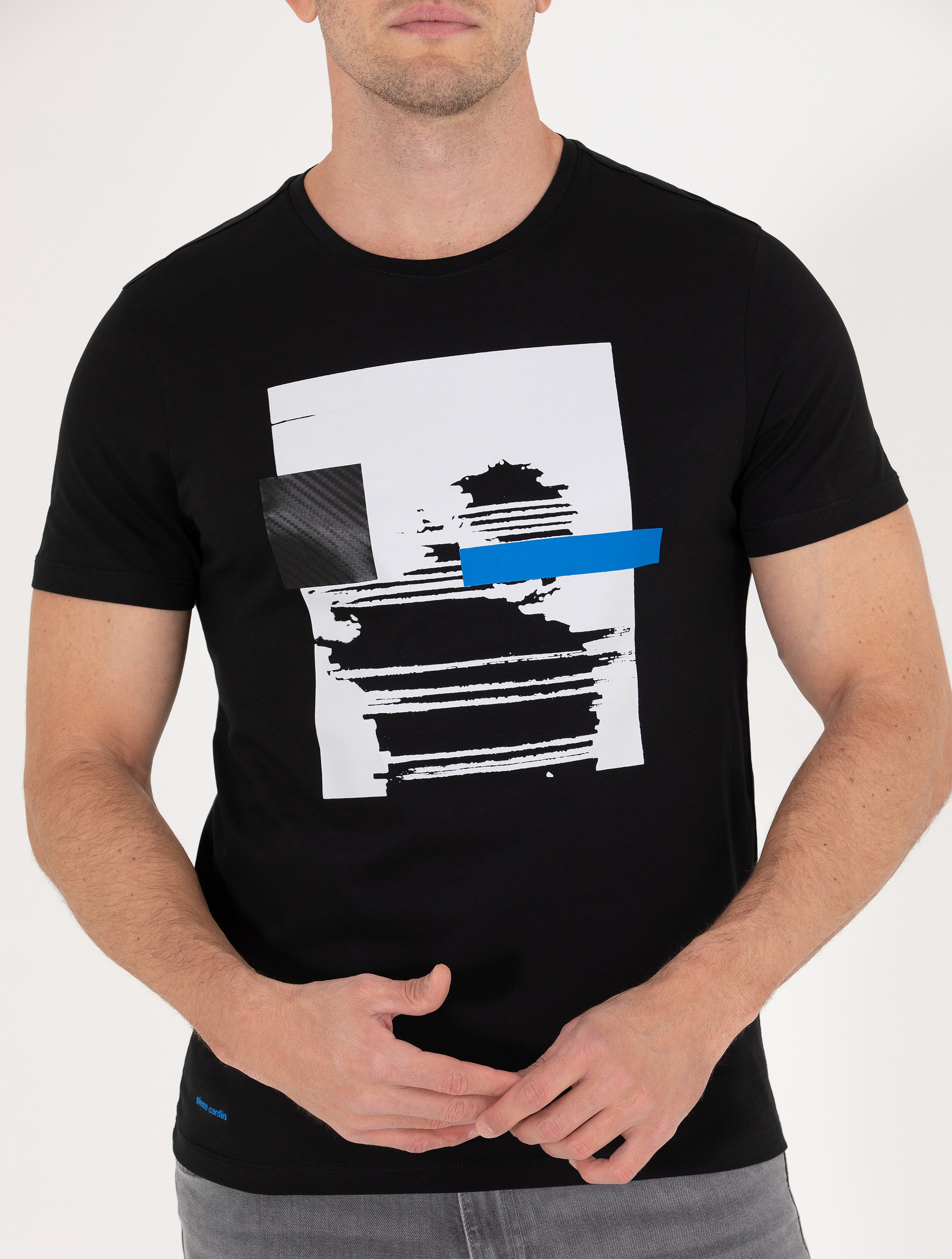 Siyah Slim Fit Baskılı Bisiklet Yaka Tişört - Image 6