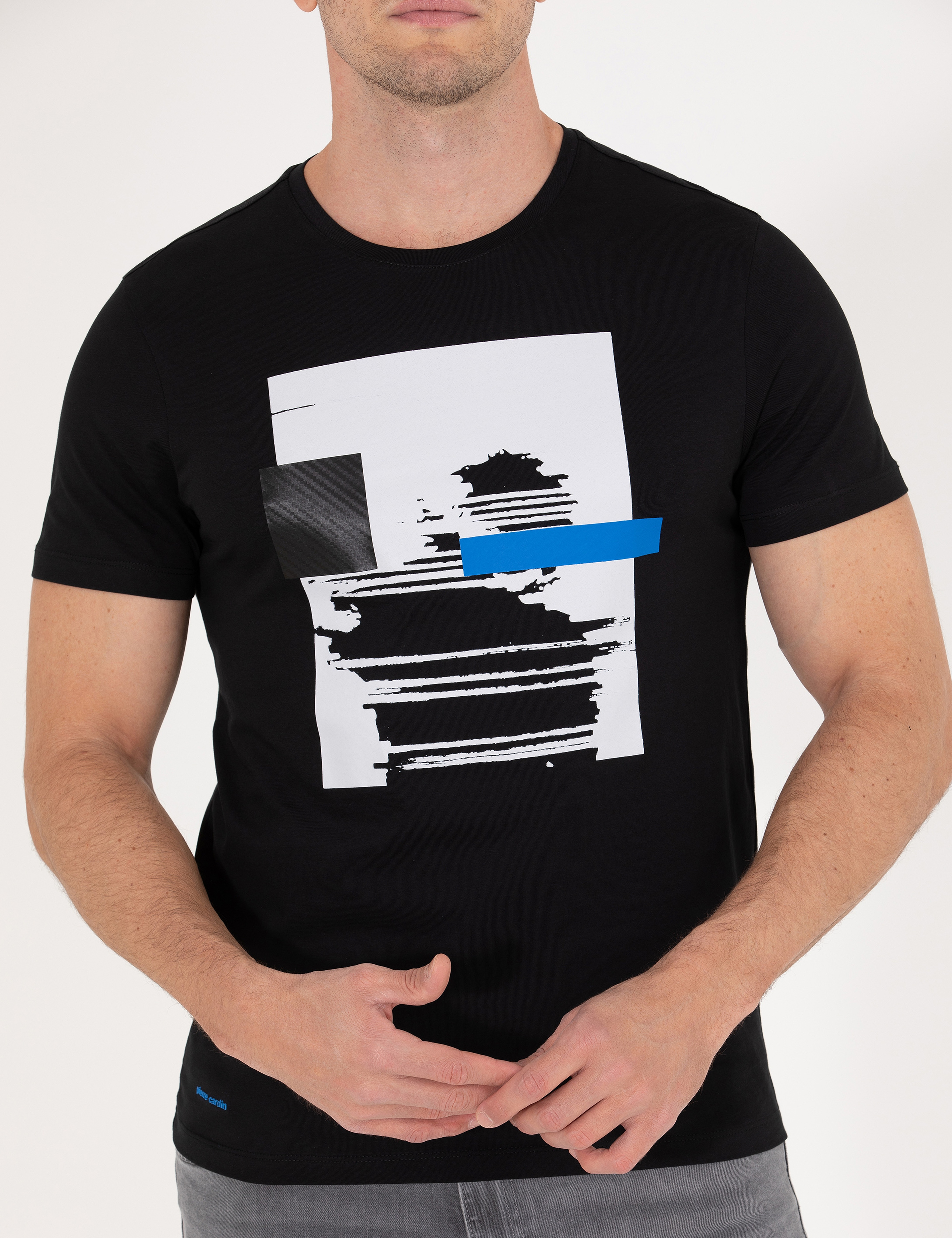 Siyah Slim Fit Baskılı Bisiklet Yaka Tişört