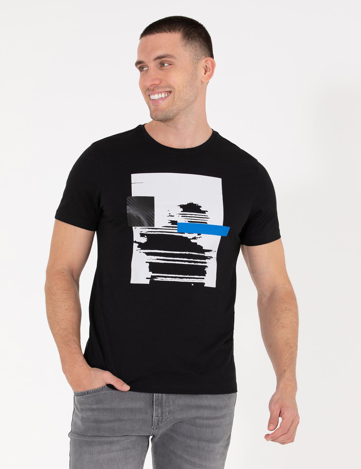 Siyah Slim Fit Baskılı Bisiklet Yaka Tişört