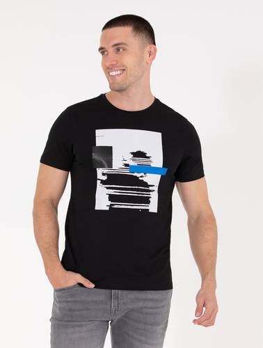 Siyah Slim Fit Baskılı Bisiklet Yaka Tişört