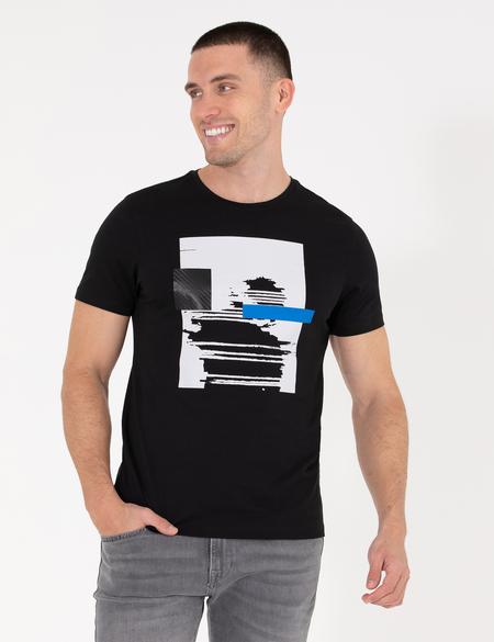 Siyah Slim Fit Baskılı Bisiklet Yaka Tişört - 50262620066