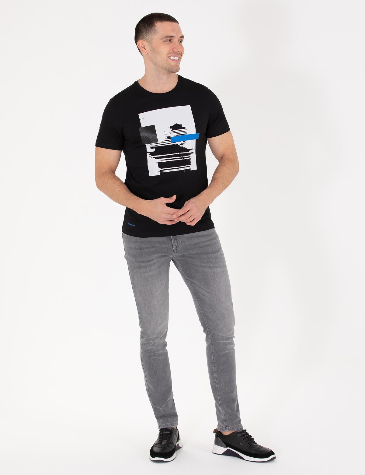 Siyah Slim Fit Baskılı Bisiklet Yaka Tişört - 50262620066