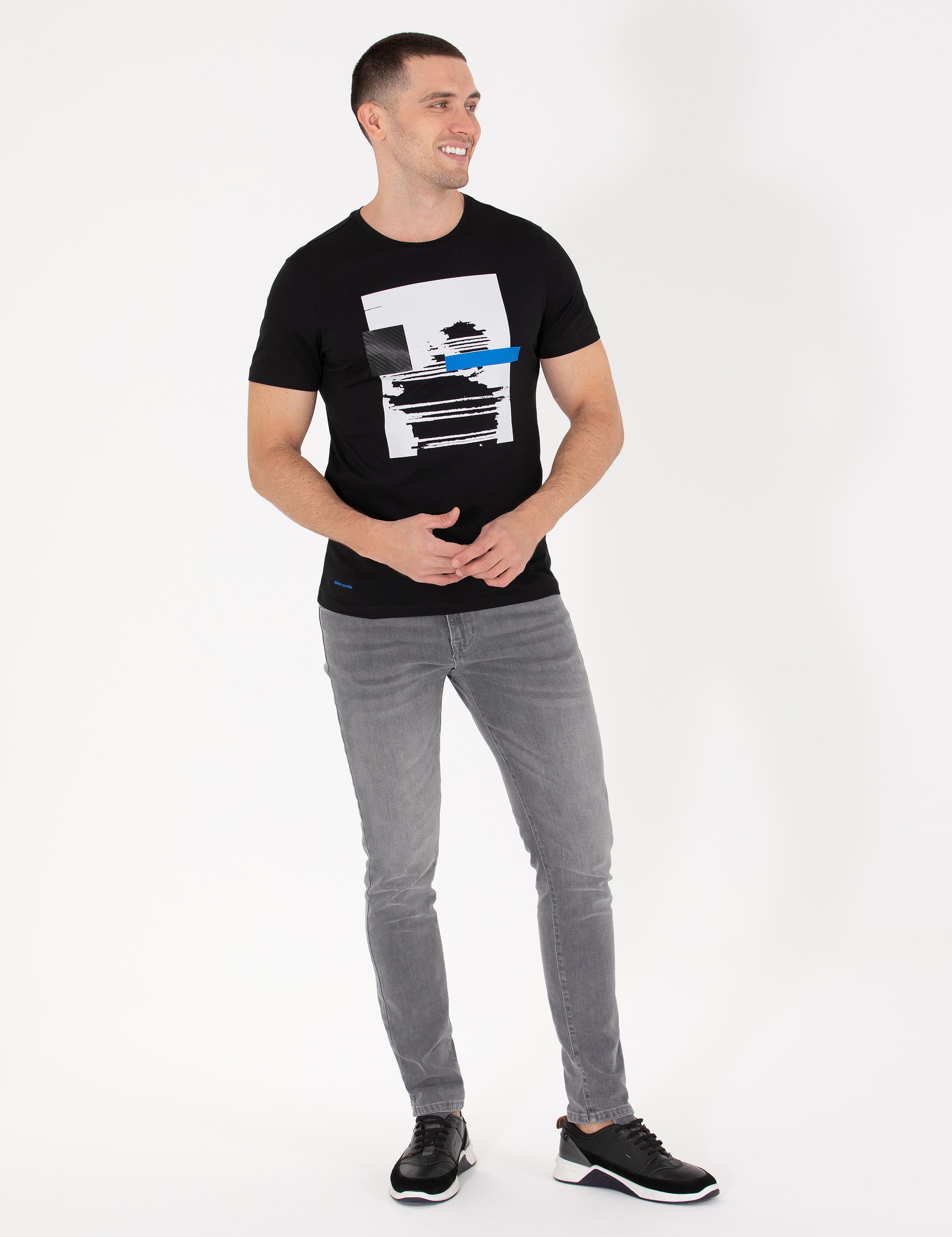 Siyah Slim Fit Baskılı Bisiklet Yaka Tişört