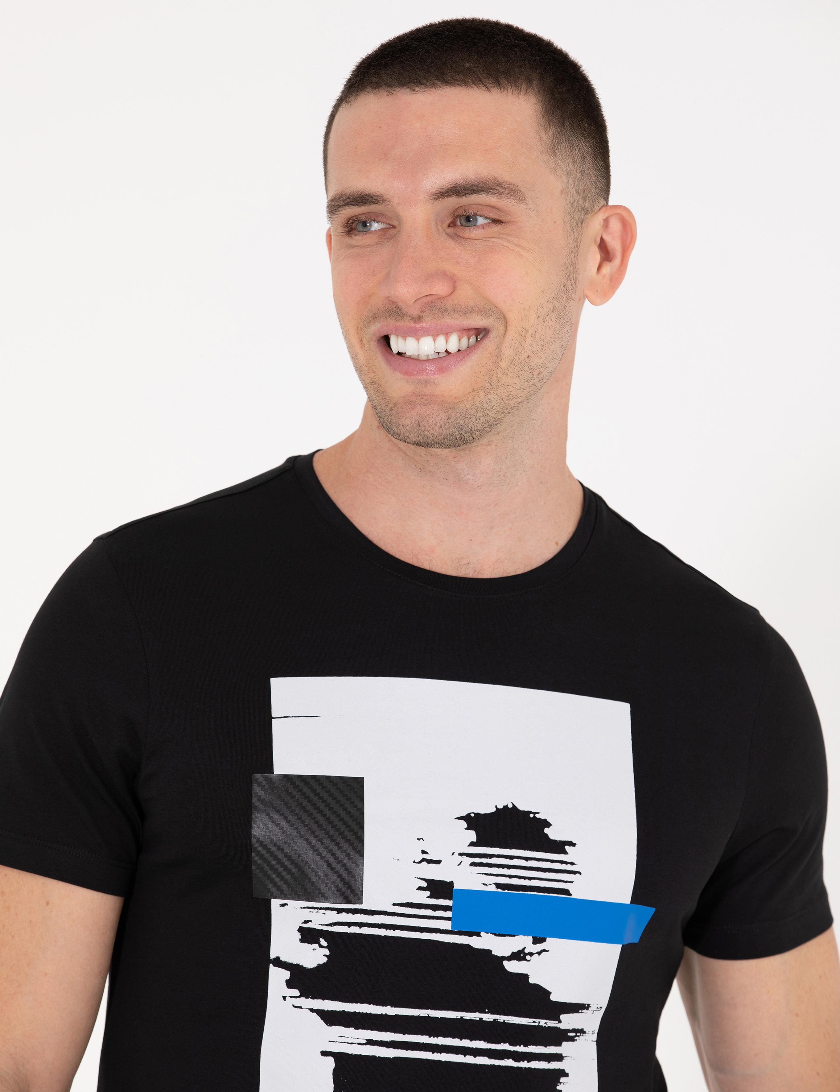Siyah Slim Fit Baskılı Bisiklet Yaka Tişört