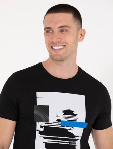 Siyah Slim Fit Baskılı Bisiklet Yaka Tişört
