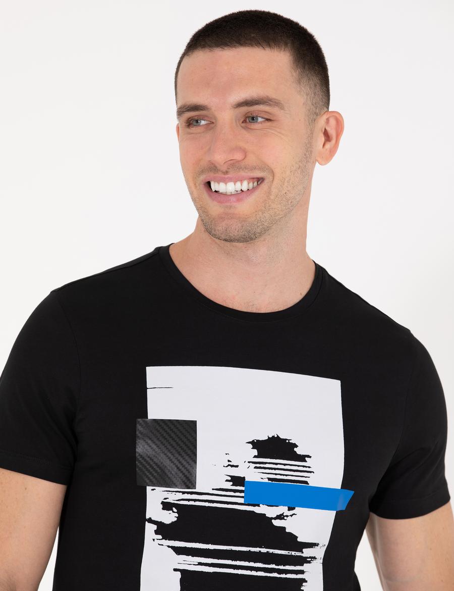 Siyah Slim Fit Baskılı Bisiklet Yaka Tişört